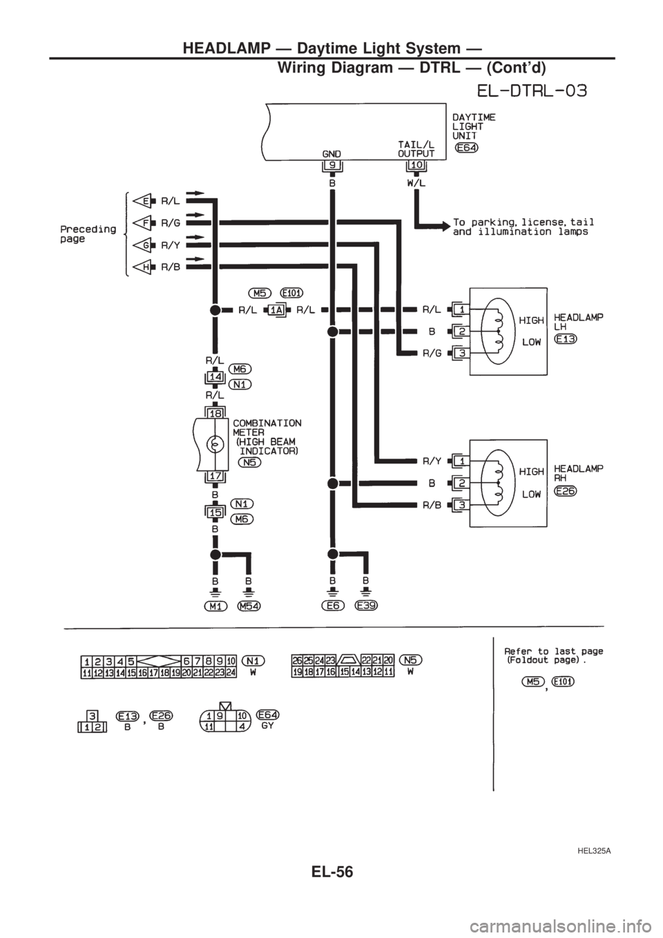 NISSAN PICK-UP 1998  Repair Manual HEL325A
HEADLAMP Ð Daytime Light System Ð
Wiring Diagram Ð DTRL Ð (Contd)
EL-56 
