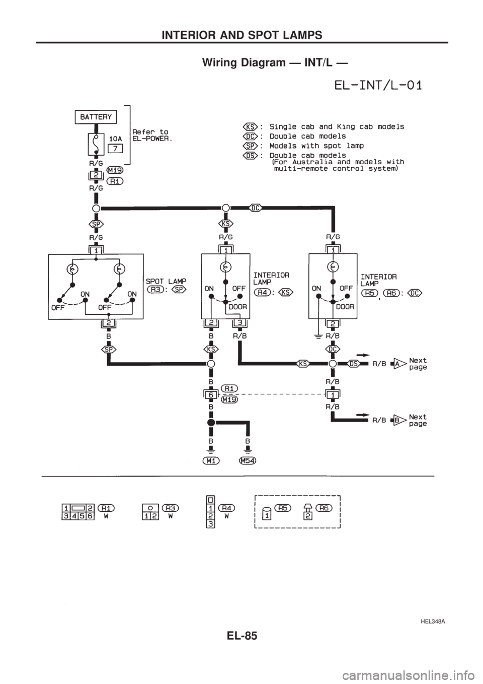 NISSAN PICK-UP 1998 Repair Manual Wiring Diagram Ð INT/L Ð
HEL348A
INTERIOR AND SPOT LAMPS
EL-85 NISSAN PICK-UP 1998 Repair Manual Wiring Diagram Ð INT/L Ð
HEL348A
INTERIOR AND SPOT LAMPS
EL-85
