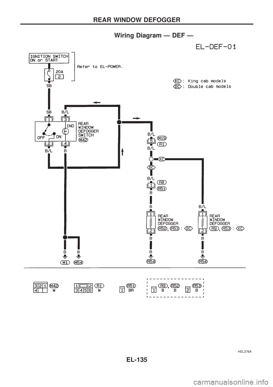 NISSAN PICK-UP 1998  Repair Manual Wiring Diagram Ð DEF Ð
HEL376A
REAR WINDOW DEFOGGER
EL-135 