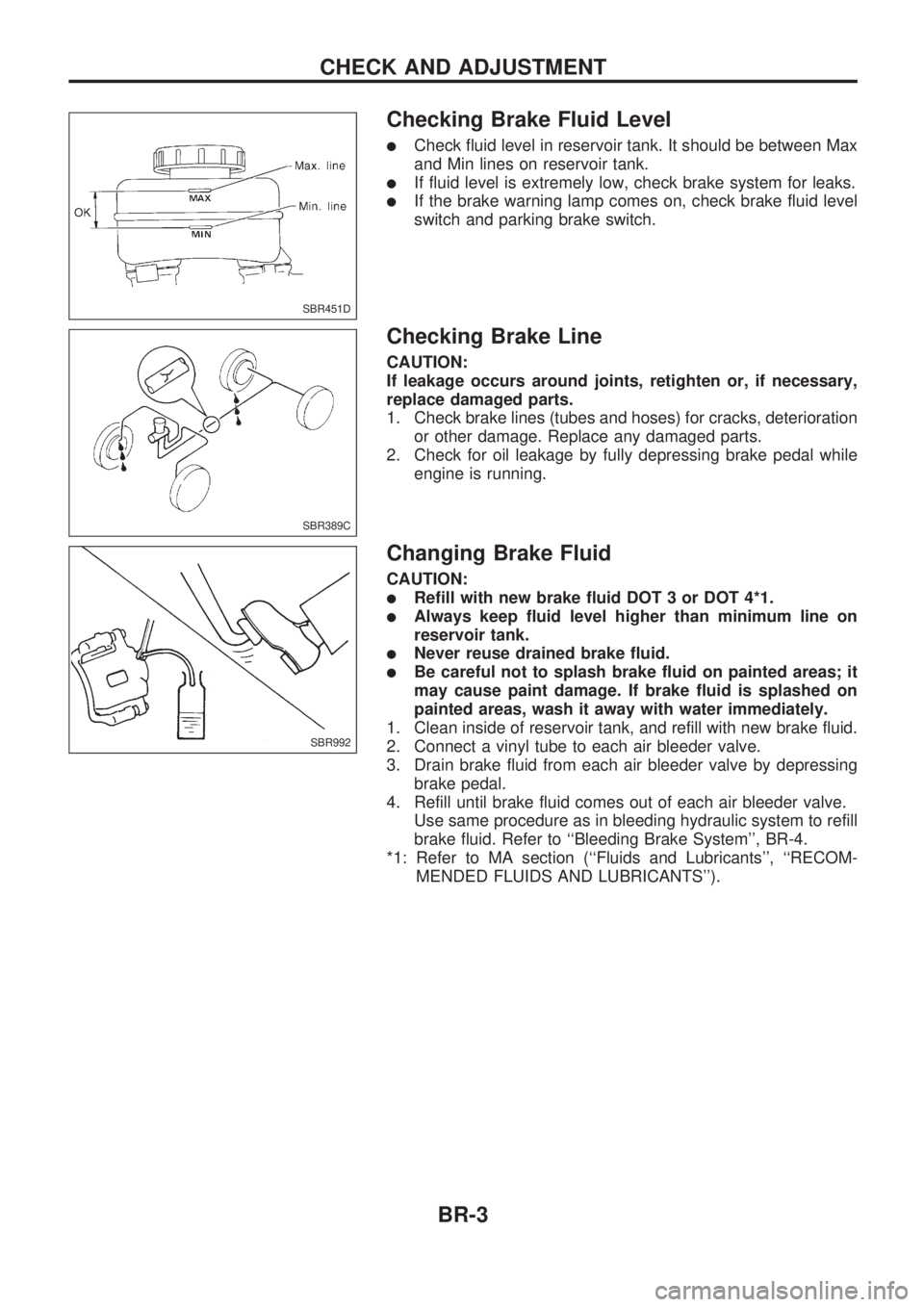 NISSAN PICK-UP 1998  Repair Manual Checking Brake Fluid Level
lCheck fluid level in reservoir tank. It should be between Max
and Min lines on reservoir tank.
lIf fluid level is extremely low, check brake system for leaks.
lIf the brake