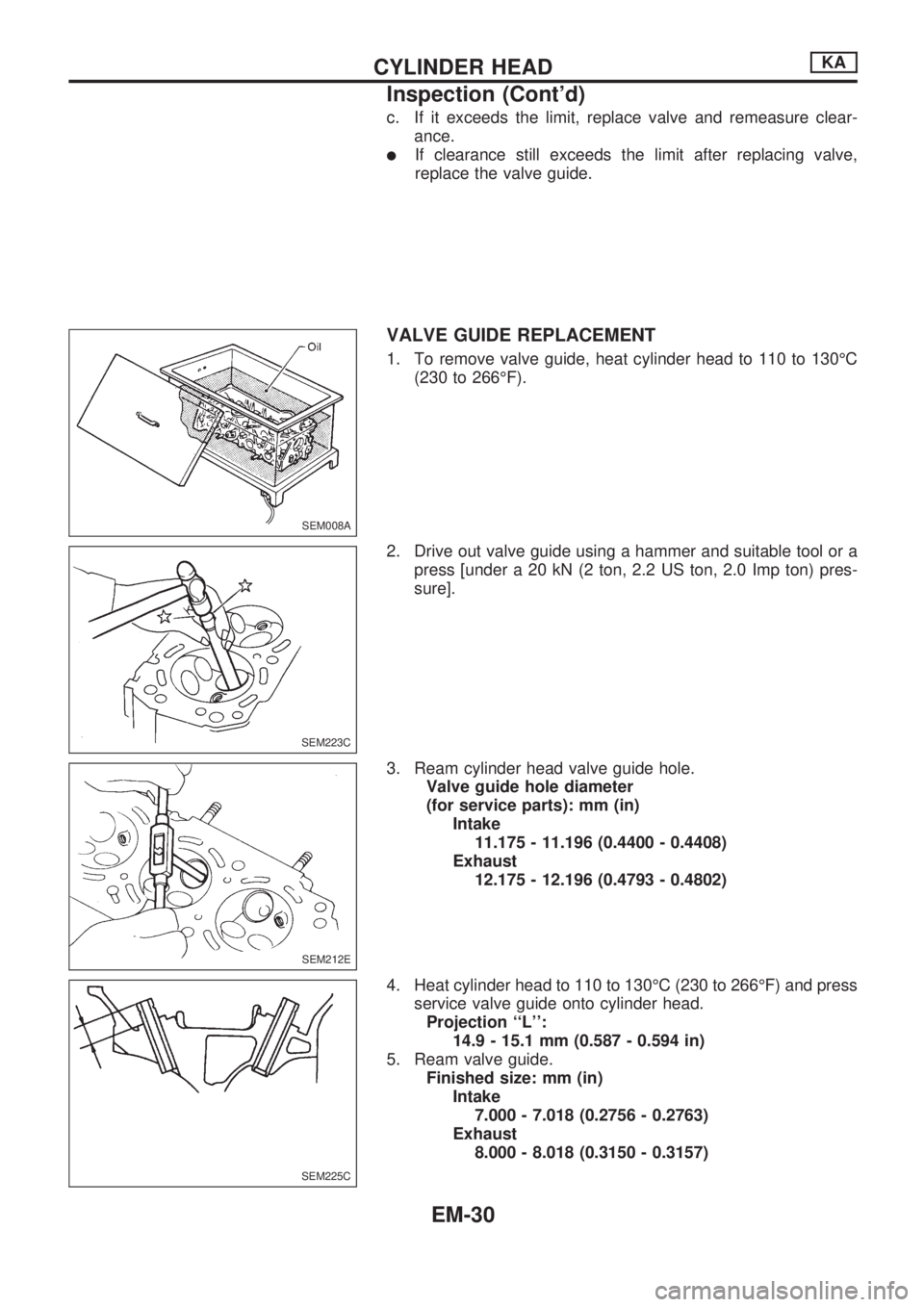 NISSAN PICK-UP 1998 Repair Manual c. If it exceeds the limit, replace valve and remeasure clear-
ance.
lIf clearance still exceeds the limit after replacing valve,
replace the valve guide.
VALVE GUIDE REPLACEMENT
1. To remove valve gu NISSAN PICK-UP 1998 Repair Manual c. If it exceeds the limit, replace valve and remeasure clear-
ance.
lIf clearance still exceeds the limit after replacing valve,
replace the valve guide.
VALVE GUIDE REPLACEMENT
1. To remove valve gu