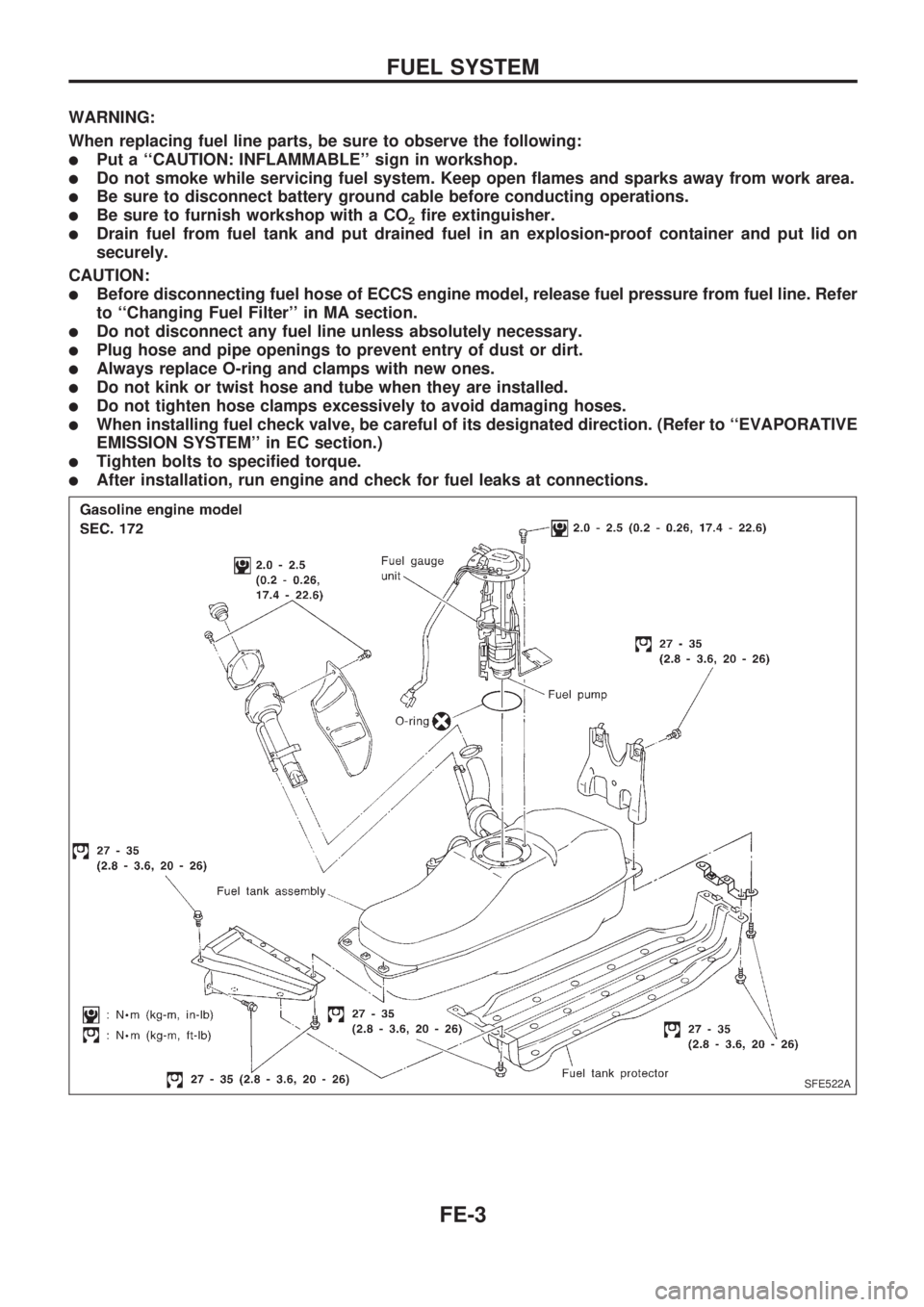 NISSAN PICK-UP 1998 Repair Manual WARNING:
When replacing fuel line parts, be sure to observe the following:
lPut a ``CAUTION: INFLAMMABLE sign in workshop.
lDo not smoke while servicing fuel system. Keep open flames and sparks away NISSAN PICK-UP 1998 Repair Manual WARNING:
When replacing fuel line parts, be sure to observe the following:
lPut a ``CAUTION: INFLAMMABLE sign in workshop.
lDo not smoke while servicing fuel system. Keep open flames and sparks away
