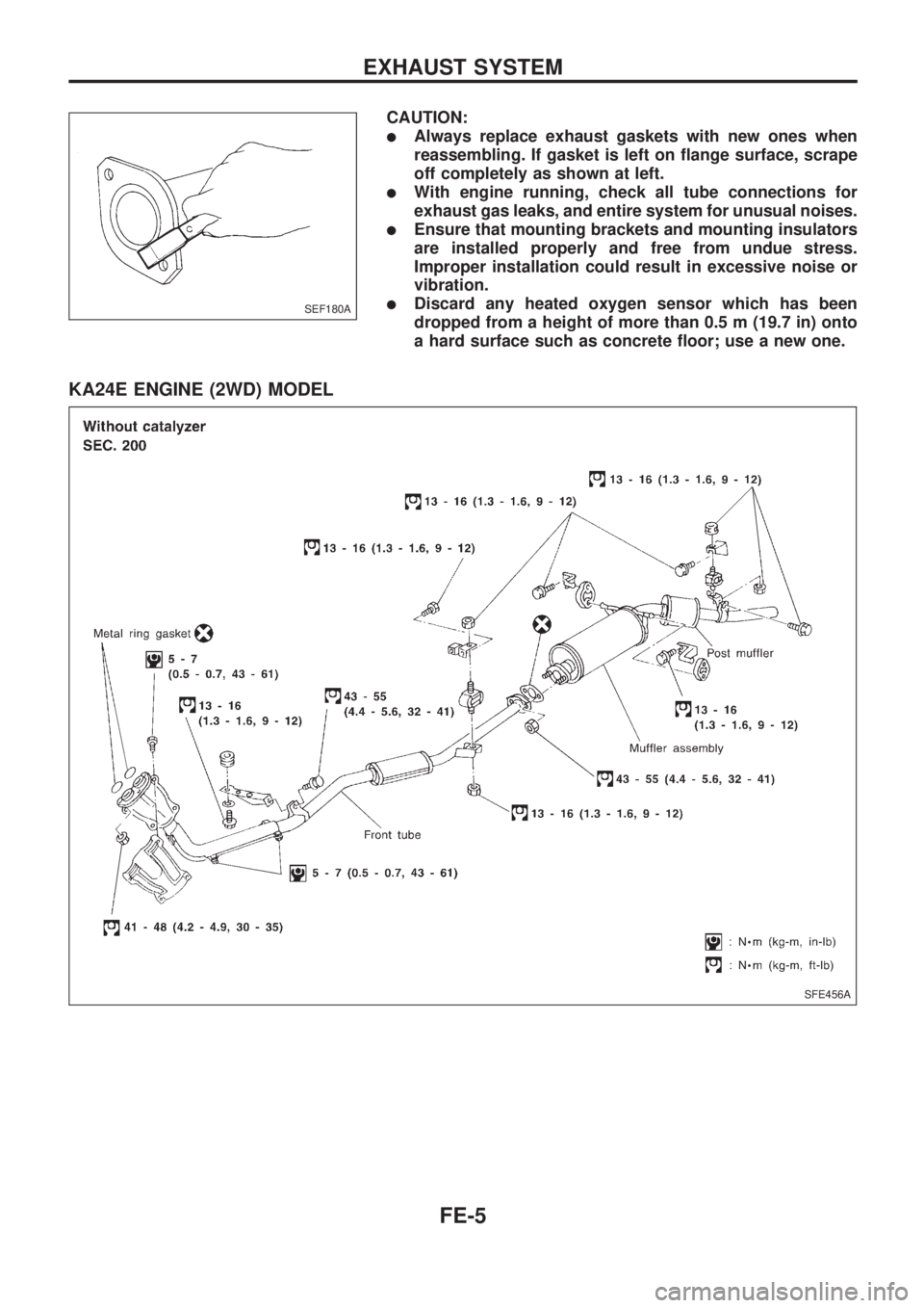 NISSAN PICK-UP 1998  Repair Manual CAUTION:
lAlways replace exhaust gaskets with new ones when
reassembling. If gasket is left on flange surface, scrape
off completely as shown at left.
lWith engine running, check all tube connections 