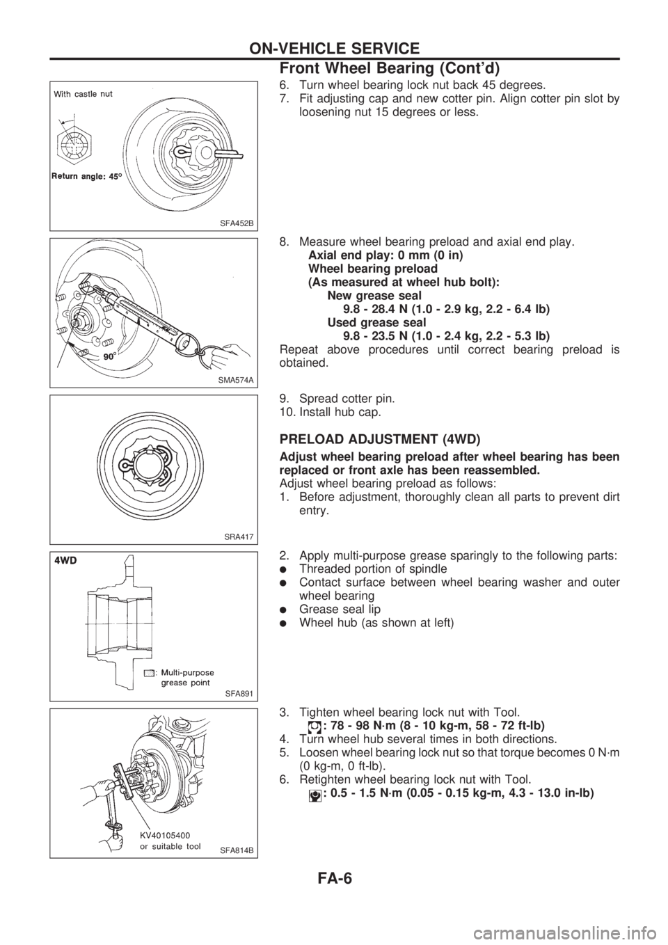 NISSAN PICK-UP 1998 Repair Manual 6. Turn wheel bearing lock nut back 45 degrees.
7. Fit adjusting cap and new cotter pin. Align cotter pin slot by
loosening nut 15 degrees or less.
8. Measure wheel bearing preload and axial end play. NISSAN PICK-UP 1998 Repair Manual 6. Turn wheel bearing lock nut back 45 degrees.
7. Fit adjusting cap and new cotter pin. Align cotter pin slot by
loosening nut 15 degrees or less.
8. Measure wheel bearing preload and axial end play.