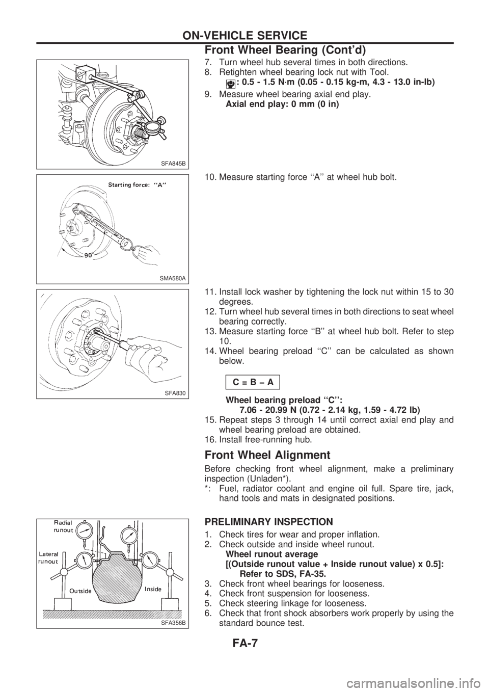 NISSAN PICK-UP 1998 Repair Manual 7. Turn wheel hub several times in both directions.
8. Retighten wheel bearing lock nut with Tool.
: 0.5 - 1.5 N´m (0.05 - 0.15 kg-m, 4.3 - 13.0 in-lb)
9. Measure wheel bearing axial end play.
Axial NISSAN PICK-UP 1998 Repair Manual 7. Turn wheel hub several times in both directions.
8. Retighten wheel bearing lock nut with Tool.
: 0.5 - 1.5 N´m (0.05 - 0.15 kg-m, 4.3 - 13.0 in-lb)
9. Measure wheel bearing axial end play.
Axial