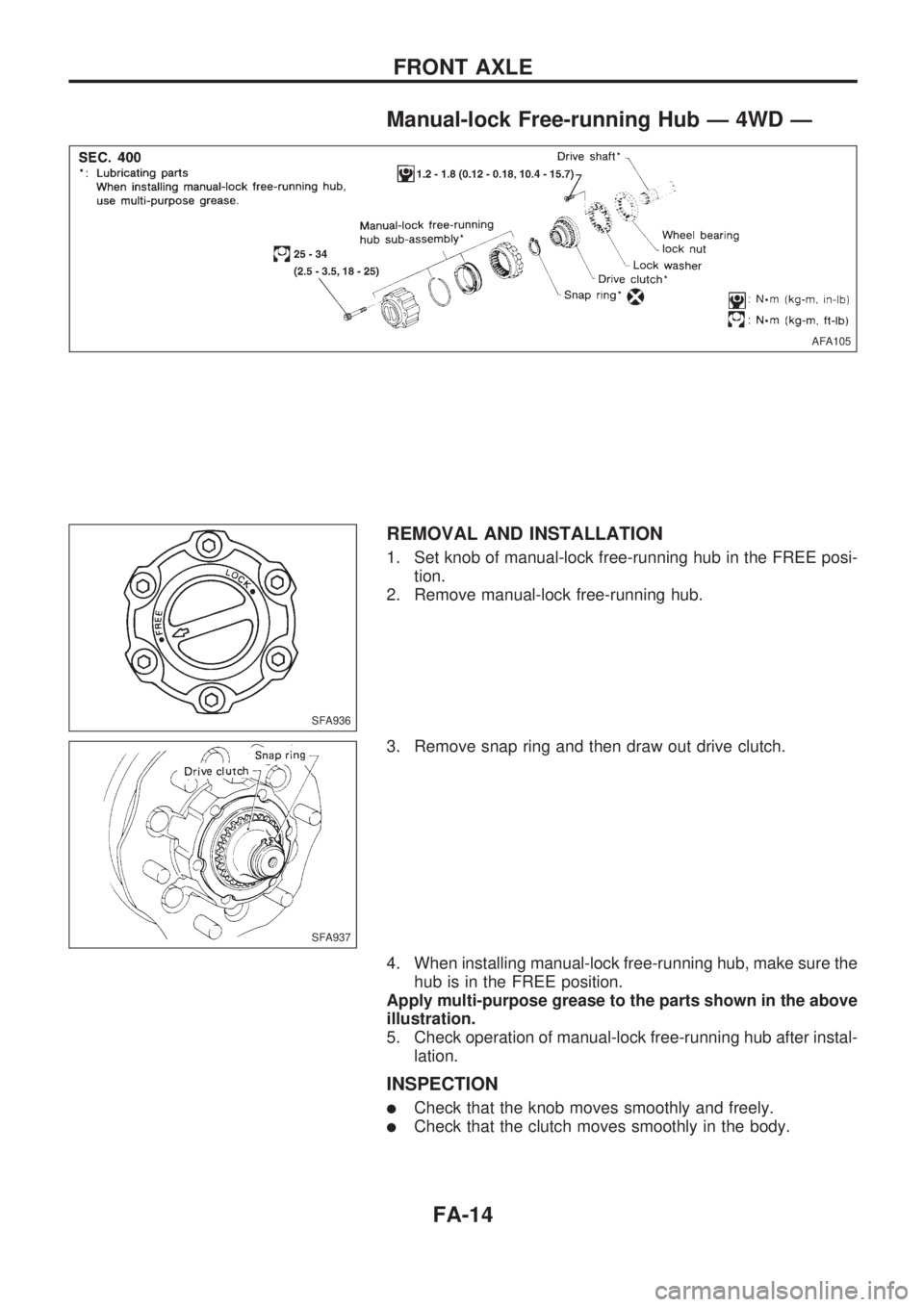 NISSAN PICK-UP 1998 Repair Manual Manual-lock Free-running Hub Ð 4WD Ð
REMOVAL AND INSTALLATION
1. Set knob of manual-lock free-running hub in the FREE posi-
tion.
2. Remove manual-lock free-running hub.
3. Remove snap ring and then NISSAN PICK-UP 1998 Repair Manual Manual-lock Free-running Hub Ð 4WD Ð
REMOVAL AND INSTALLATION
1. Set knob of manual-lock free-running hub in the FREE posi-
tion.
2. Remove manual-lock free-running hub.
3. Remove snap ring and then