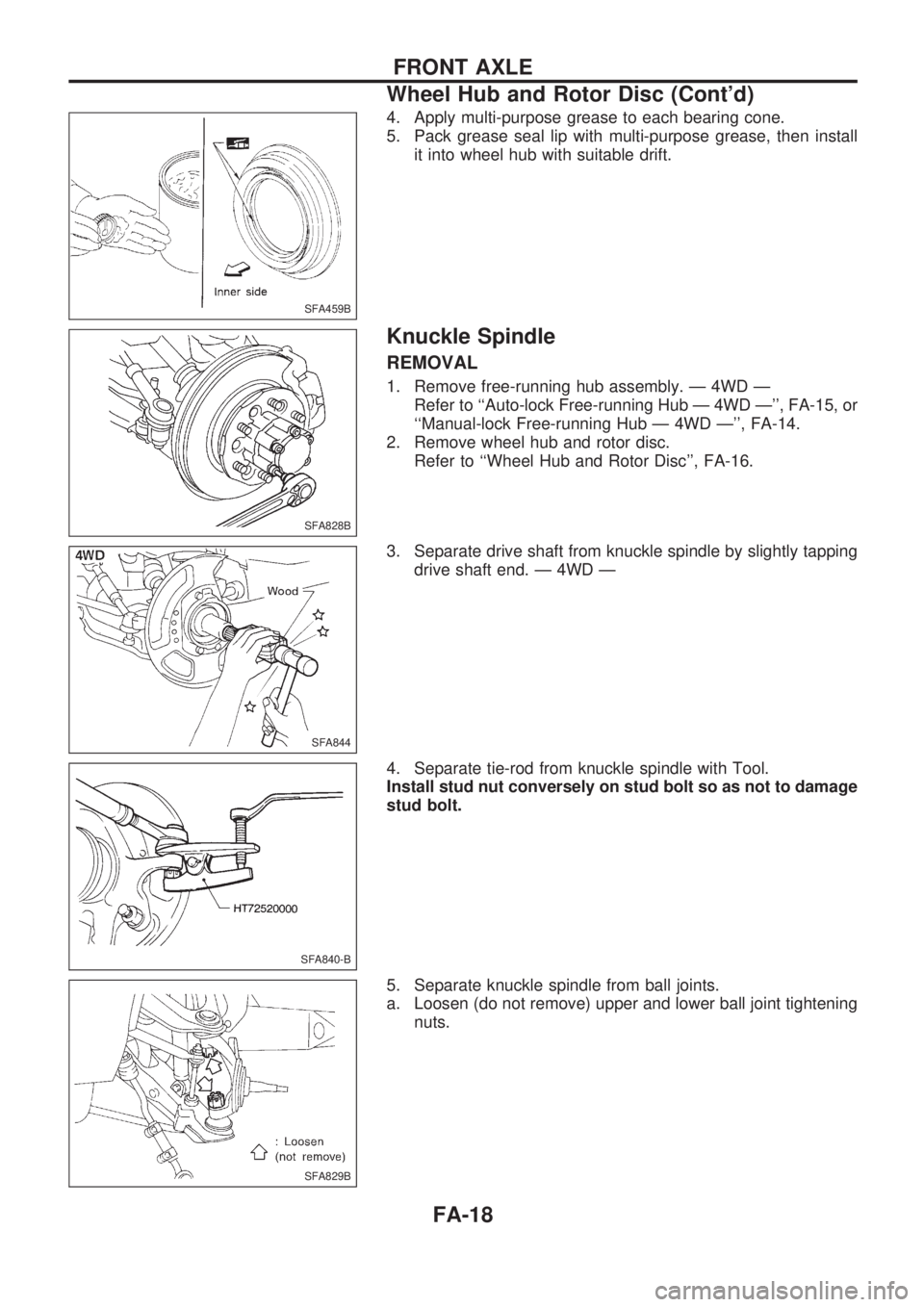 NISSAN PICK-UP 1998 Repair Manual 4. Apply multi-purpose grease to each bearing cone.
5. Pack grease seal lip with multi-purpose grease, then install
it into wheel hub with suitable drift.
Knuckle Spindle
REMOVAL
1. Remove free-runnin NISSAN PICK-UP 1998 Repair Manual 4. Apply multi-purpose grease to each bearing cone.
5. Pack grease seal lip with multi-purpose grease, then install
it into wheel hub with suitable drift.
Knuckle Spindle
REMOVAL
1. Remove free-runnin