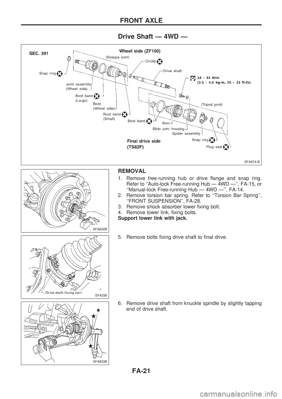 NISSAN PICK-UP 1998 Repair Manual Drive Shaft Ð 4WD Ð
REMOVAL
1. Remove free-running hub or drive flange and snap ring.
Refer to ``Auto-lock Free-running Hub Ð 4WD Ð, FA-15, or
``Manual-lock Free-running Hub Ð 4WD Ð, FA-14.
NISSAN PICK-UP 1998 Repair Manual Drive Shaft Ð 4WD Ð
REMOVAL
1. Remove free-running hub or drive flange and snap ring.
Refer to ``Auto-lock Free-running Hub Ð 4WD Ð, FA-15, or
``Manual-lock Free-running Hub Ð 4WD Ð, FA-14.