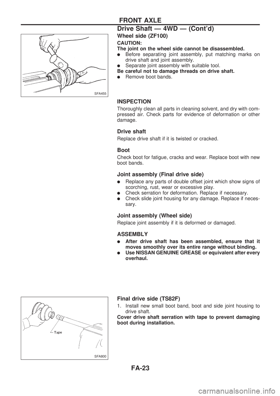 NISSAN PICK-UP 1998 Repair Manual Wheel side (ZF100)
CAUTION:
The joint on the wheel side cannot be disassembled.
lBefore separating joint assembly, put matching marks on
drive shaft and joint assembly.
lSeparate joint assembly with s NISSAN PICK-UP 1998 Repair Manual Wheel side (ZF100)
CAUTION:
The joint on the wheel side cannot be disassembled.
lBefore separating joint assembly, put matching marks on
drive shaft and joint assembly.
lSeparate joint assembly with s