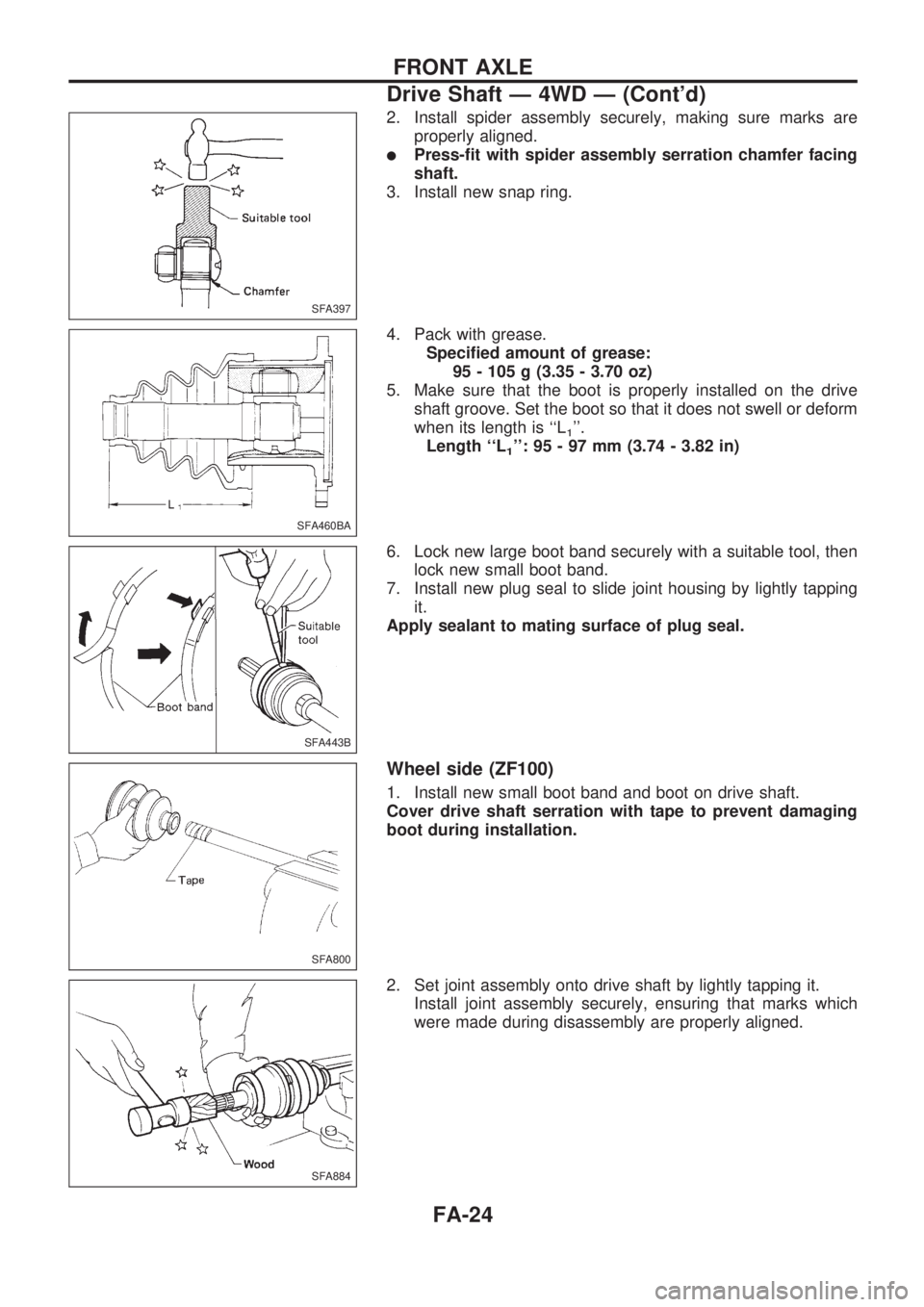 NISSAN PICK-UP 1998 Repair Manual 2. Install spider assembly securely, making sure marks are
properly aligned.
lPress-fit with spider assembly serration chamfer facing
shaft.
3. Install new snap ring.
4. Pack with grease.
Specified am NISSAN PICK-UP 1998 Repair Manual 2. Install spider assembly securely, making sure marks are
properly aligned.
lPress-fit with spider assembly serration chamfer facing
shaft.
3. Install new snap ring.
4. Pack with grease.
Specified am