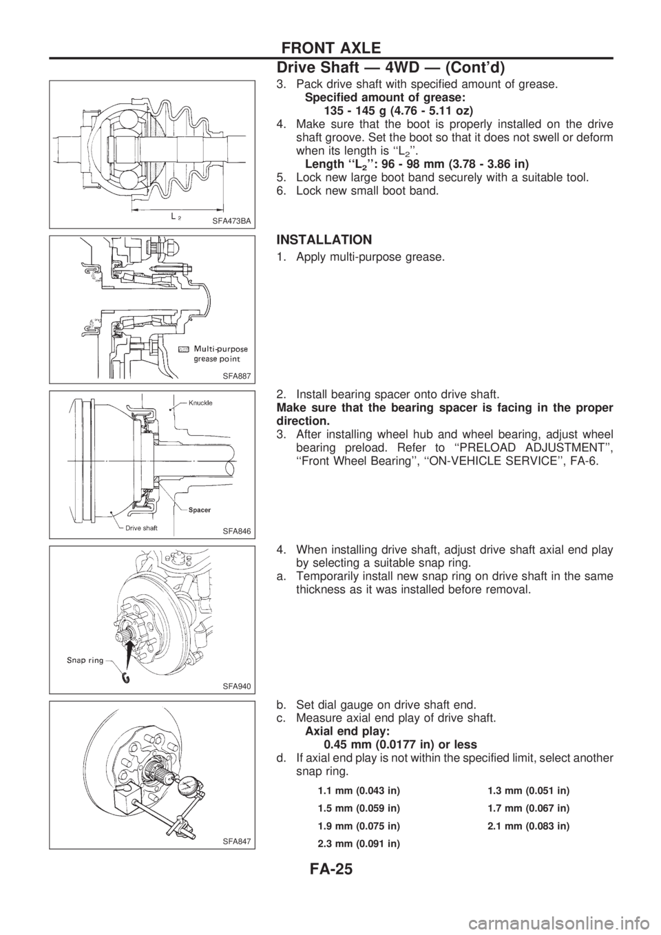 NISSAN PICK-UP 1998 Repair Manual 3. Pack drive shaft with specified amount of grease.
Specified amount of grease:
135 - 145 g (4.76 - 5.11 oz)
4. Make sure that the boot is properly installed on the drive
shaft groove. Set the boot s NISSAN PICK-UP 1998 Repair Manual 3. Pack drive shaft with specified amount of grease.
Specified amount of grease:
135 - 145 g (4.76 - 5.11 oz)
4. Make sure that the boot is properly installed on the drive
shaft groove. Set the boot s