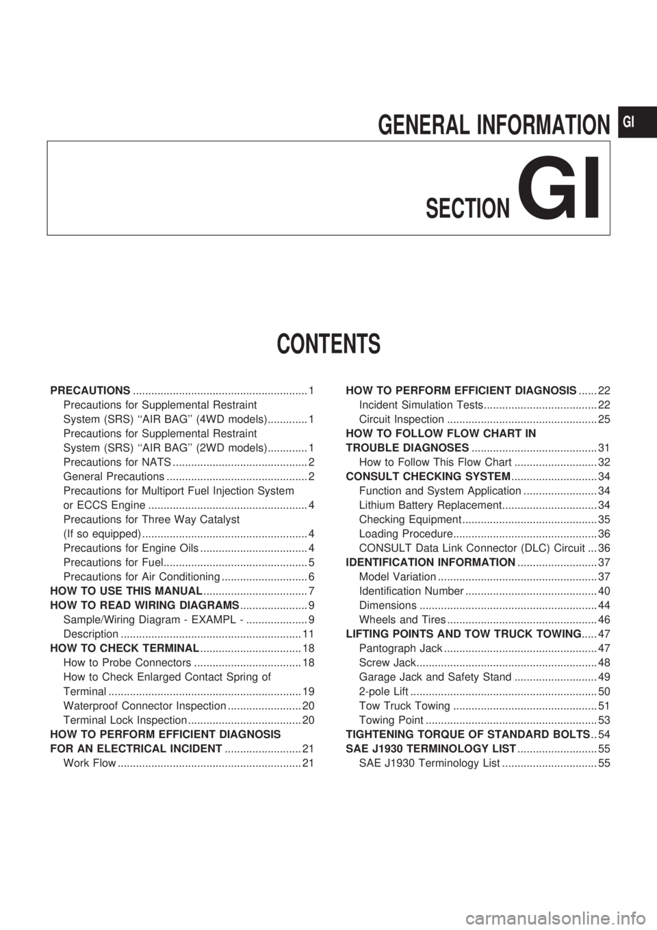 NISSAN PICK-UP 1998 Repair Manual GENERAL INFORMATION
SECTION
GI
CONTENTS
PRECAUTIONS......................................................... 1
Precautions for Supplemental Restraint
System (SRS) ``AIR BAG (4WD models)............. NISSAN PICK-UP 1998 Repair Manual GENERAL INFORMATION
SECTION
GI
CONTENTS
PRECAUTIONS......................................................... 1
Precautions for Supplemental Restraint
System (SRS) ``AIR BAG (4WD models).............