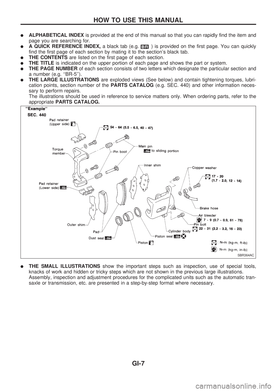 NISSAN PICK-UP 1998 Repair Manual lALPHABETICAL INDEXis provided at the end of this manual so that you can rapidly find the item and
page you are searching for.
lA QUICK REFERENCE INDEX,a black tab (e.g.) is provided on the first page NISSAN PICK-UP 1998 Repair Manual lALPHABETICAL INDEXis provided at the end of this manual so that you can rapidly find the item and
page you are searching for.
lA QUICK REFERENCE INDEX,a black tab (e.g.) is provided on the first page