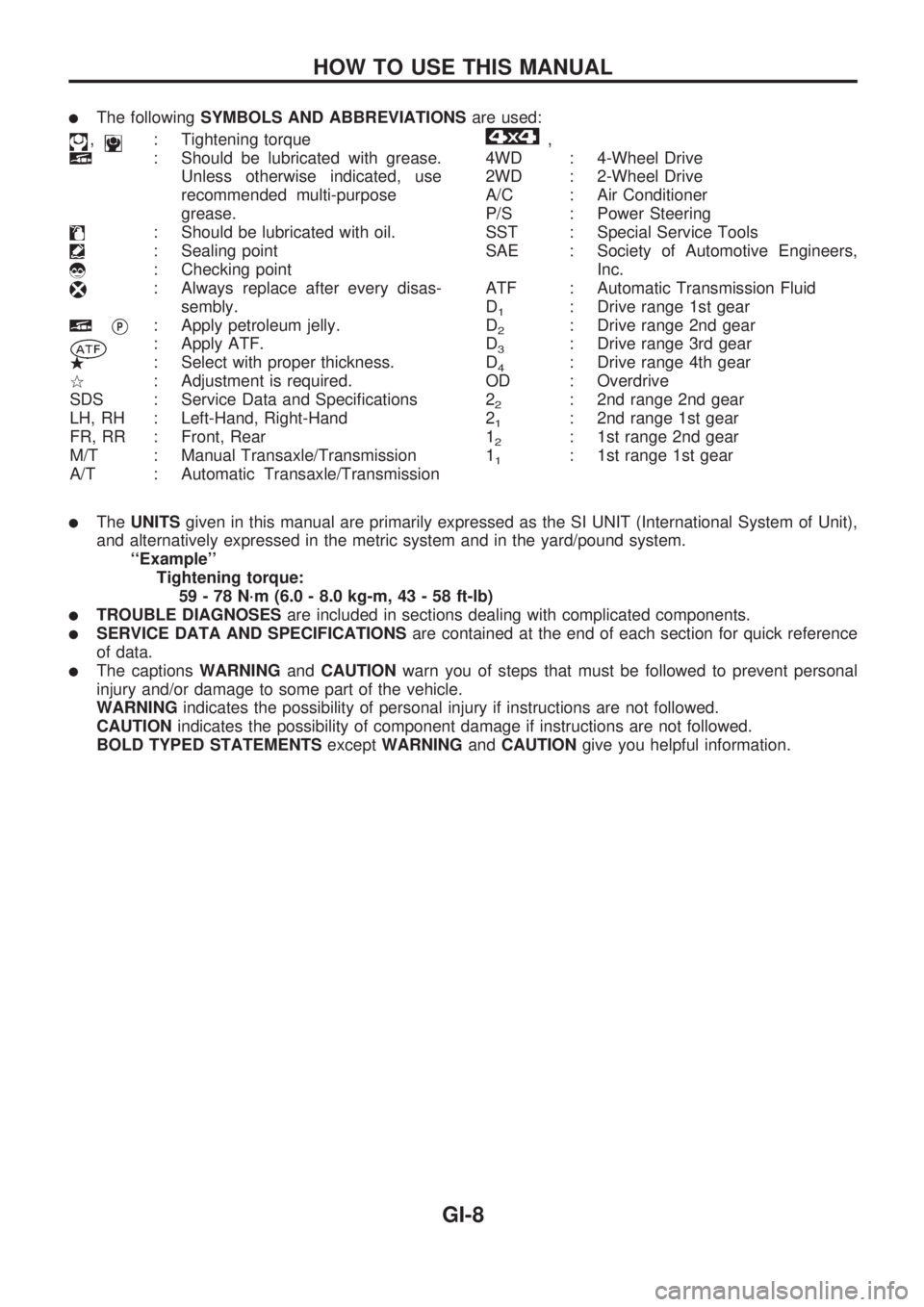 NISSAN PICK-UP 1998 Repair Manual lThe followingSYMBOLS AND ABBREVIATIONSare used:
,: Tightening torque
: Should be lubricated with grease.
Unless otherwise indicated, use
recommended multi-purpose
grease.
: Should be lubricated with NISSAN PICK-UP 1998 Repair Manual lThe followingSYMBOLS AND ABBREVIATIONSare used:
,: Tightening torque
: Should be lubricated with grease.
Unless otherwise indicated, use
recommended multi-purpose
grease.
: Should be lubricated with