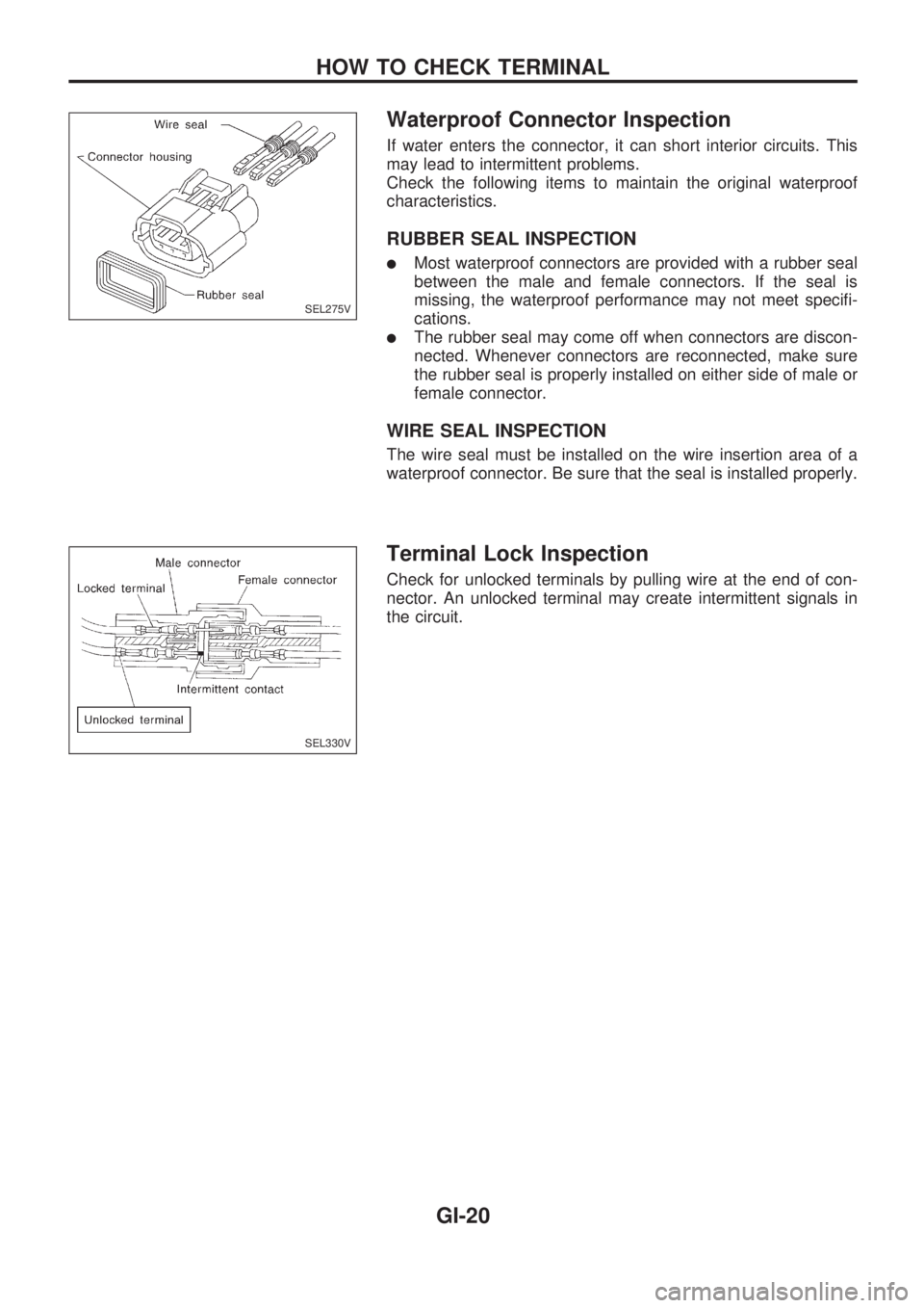 NISSAN PICK-UP 1998 Repair Manual Waterproof Connector Inspection
If water enters the connector, it can short interior circuits. This
may lead to intermittent problems.
Check the following items to maintain the original waterproof
cha NISSAN PICK-UP 1998 Repair Manual Waterproof Connector Inspection
If water enters the connector, it can short interior circuits. This
may lead to intermittent problems.
Check the following items to maintain the original waterproof
cha