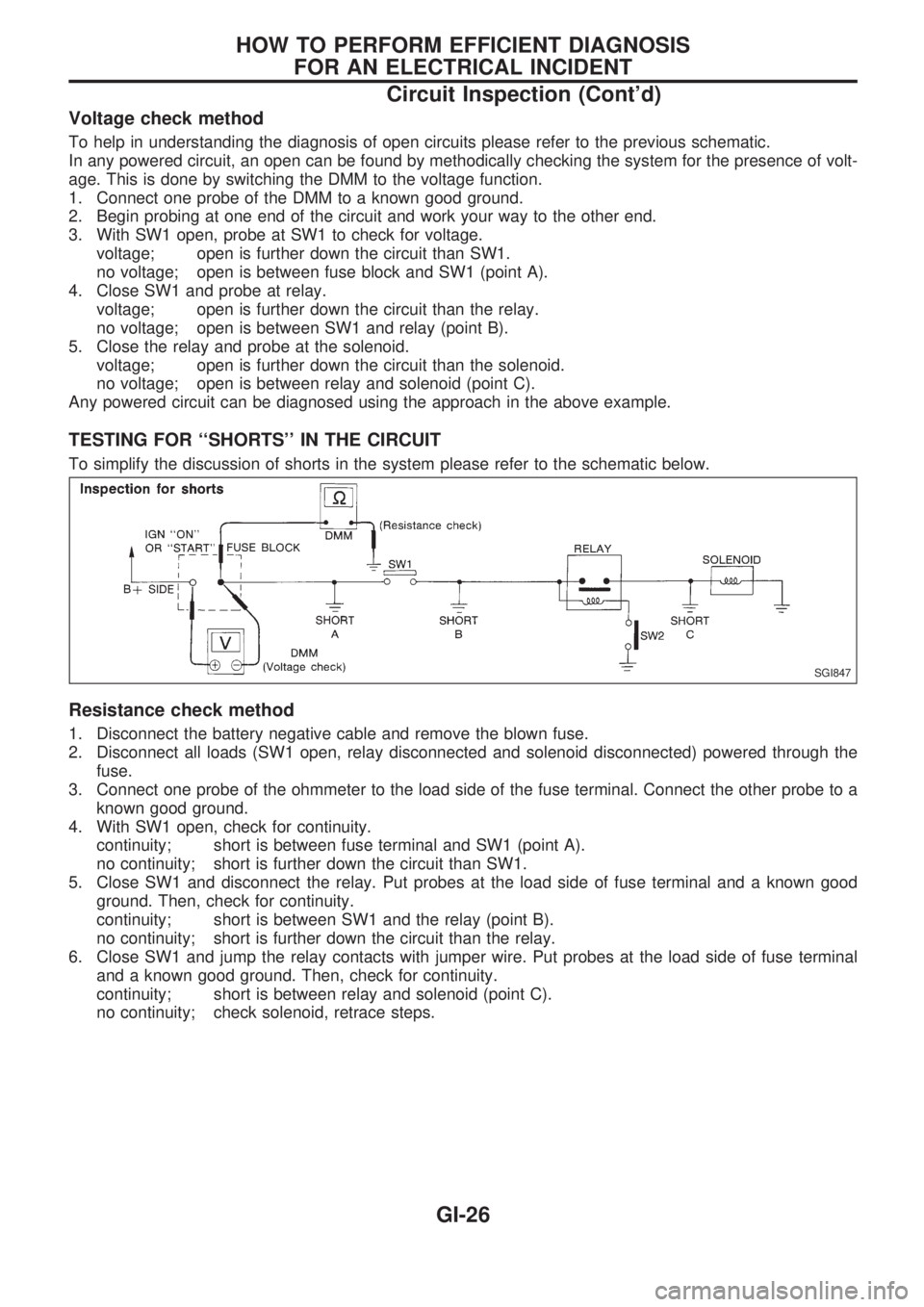 NISSAN PICK-UP 1998 Repair Manual Voltage check method
To help in understanding the diagnosis of open circuits please refer to the previous schematic.
In any powered circuit, an open can be found by methodically checking the system fo NISSAN PICK-UP 1998 Repair Manual Voltage check method
To help in understanding the diagnosis of open circuits please refer to the previous schematic.
In any powered circuit, an open can be found by methodically checking the system fo