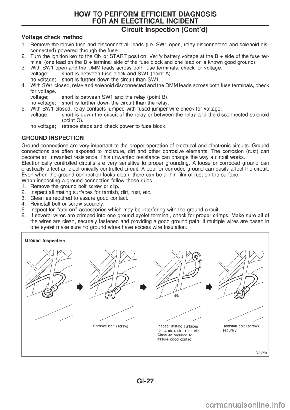 NISSAN PICK-UP 1998 Repair Manual Voltage check method
1. Remove the blown fuse and disconnect all loads (i.e. SW1 open, relay disconnected and solenoid dis-
connected) powered through the fuse.
2. Turn the ignition key to the ON or S NISSAN PICK-UP 1998 Repair Manual Voltage check method
1. Remove the blown fuse and disconnect all loads (i.e. SW1 open, relay disconnected and solenoid dis-
connected) powered through the fuse.
2. Turn the ignition key to the ON or S