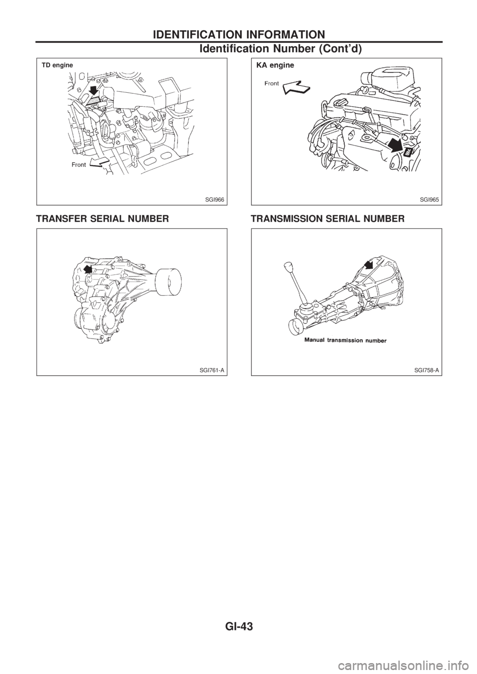 NISSAN PICK-UP 1998  Repair Manual TRANSFER SERIAL NUMBER TRANSMISSION SERIAL NUMBER
SGI966
.TD engine
SGI761-A
SGI965
SGI758-A
IDENTIFICATION INFORMATION
Identification Number (Contd)
GI-43 