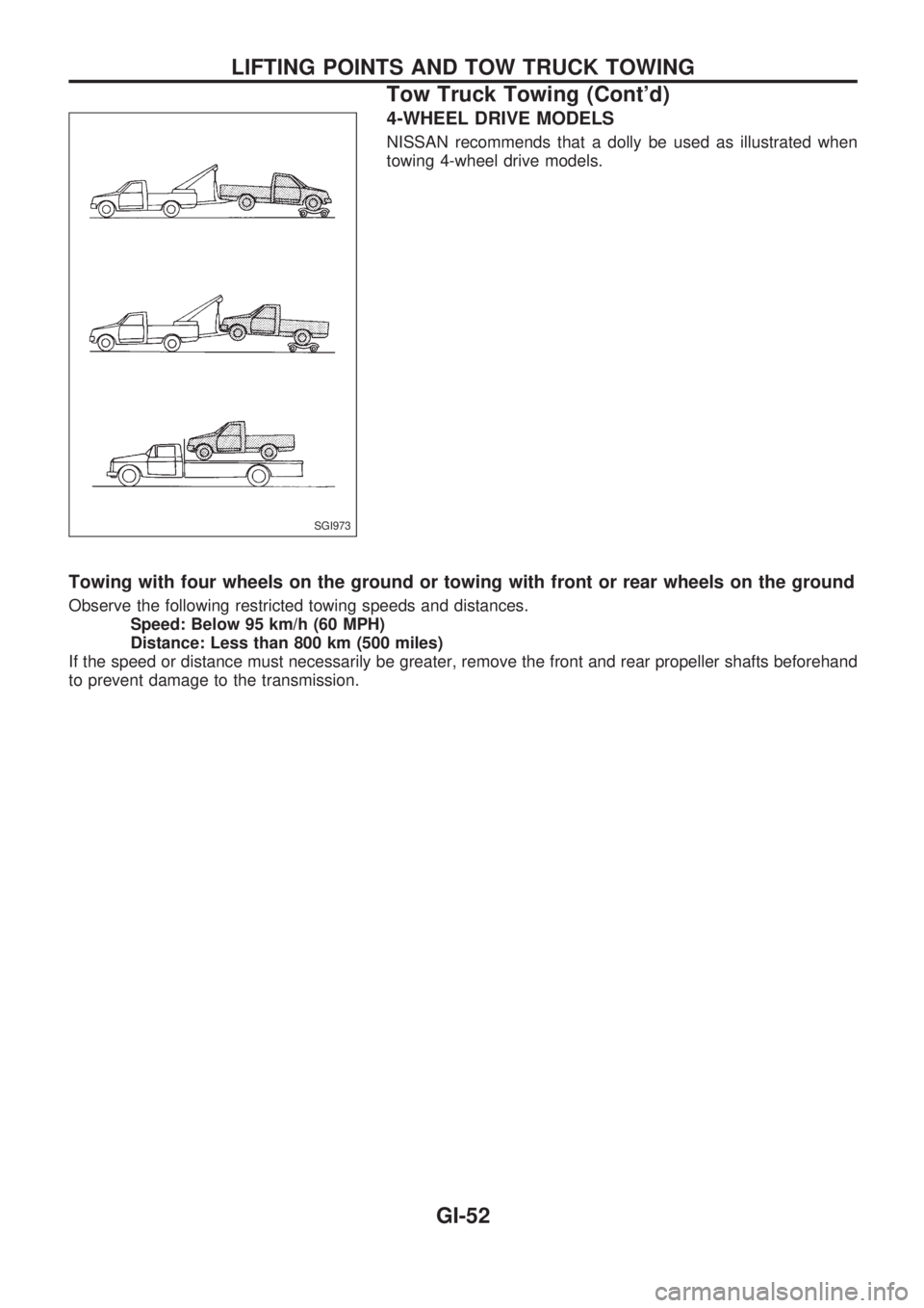 NISSAN PICK-UP 1998 Repair Manual 4-WHEEL DRIVE MODELS
NISSAN recommends that a dolly be used as illustrated when
towing 4-wheel drive models.
Towing with four wheels on the ground or towing with front or rear wheels on the ground
Obs NISSAN PICK-UP 1998 Repair Manual 4-WHEEL DRIVE MODELS
NISSAN recommends that a dolly be used as illustrated when
towing 4-wheel drive models.
Towing with four wheels on the ground or towing with front or rear wheels on the ground
Obs