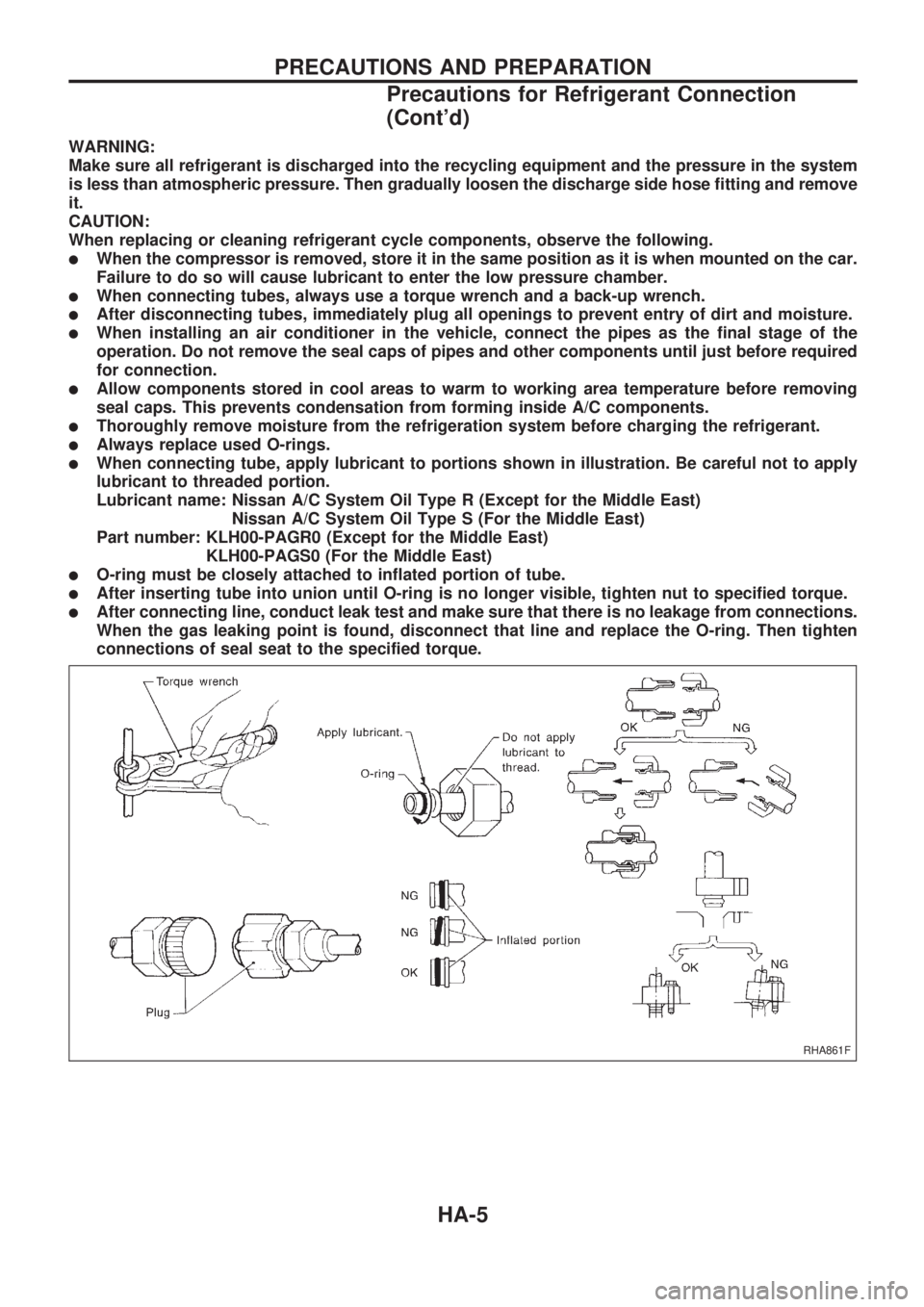 NISSAN PICK-UP 1998 Repair Manual WARNING:
Make sure all refrigerant is discharged into the recycling equipment and the pressure in the system
is less than atmospheric pressure. Then gradually loosen the discharge side hose fitting an NISSAN PICK-UP 1998 Repair Manual WARNING:
Make sure all refrigerant is discharged into the recycling equipment and the pressure in the system
is less than atmospheric pressure. Then gradually loosen the discharge side hose fitting an
