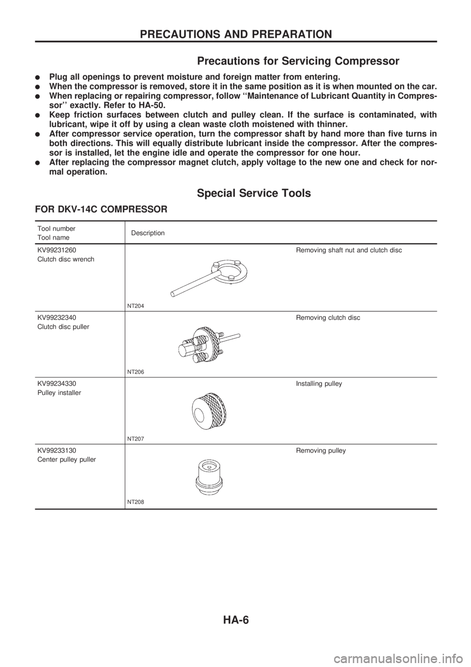 NISSAN PICK-UP 1998 Repair Manual Precautions for Servicing Compressor
lPlug all openings to prevent moisture and foreign matter from entering.
lWhen the compressor is removed, store it in the same position as it is when mounted on th NISSAN PICK-UP 1998 Repair Manual Precautions for Servicing Compressor
lPlug all openings to prevent moisture and foreign matter from entering.
lWhen the compressor is removed, store it in the same position as it is when mounted on th
