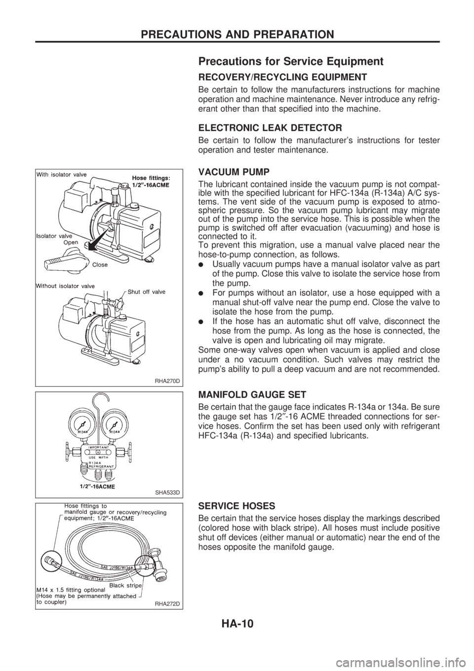 NISSAN PICK-UP 1998 Repair Manual Precautions for Service Equipment
RECOVERY/RECYCLING EQUIPMENT
Be certain to follow the manufacturers instructions for machine
operation and machine maintenance. Never introduce any refrig-
erant othe NISSAN PICK-UP 1998 Repair Manual Precautions for Service Equipment
RECOVERY/RECYCLING EQUIPMENT
Be certain to follow the manufacturers instructions for machine
operation and machine maintenance. Never introduce any refrig-
erant othe