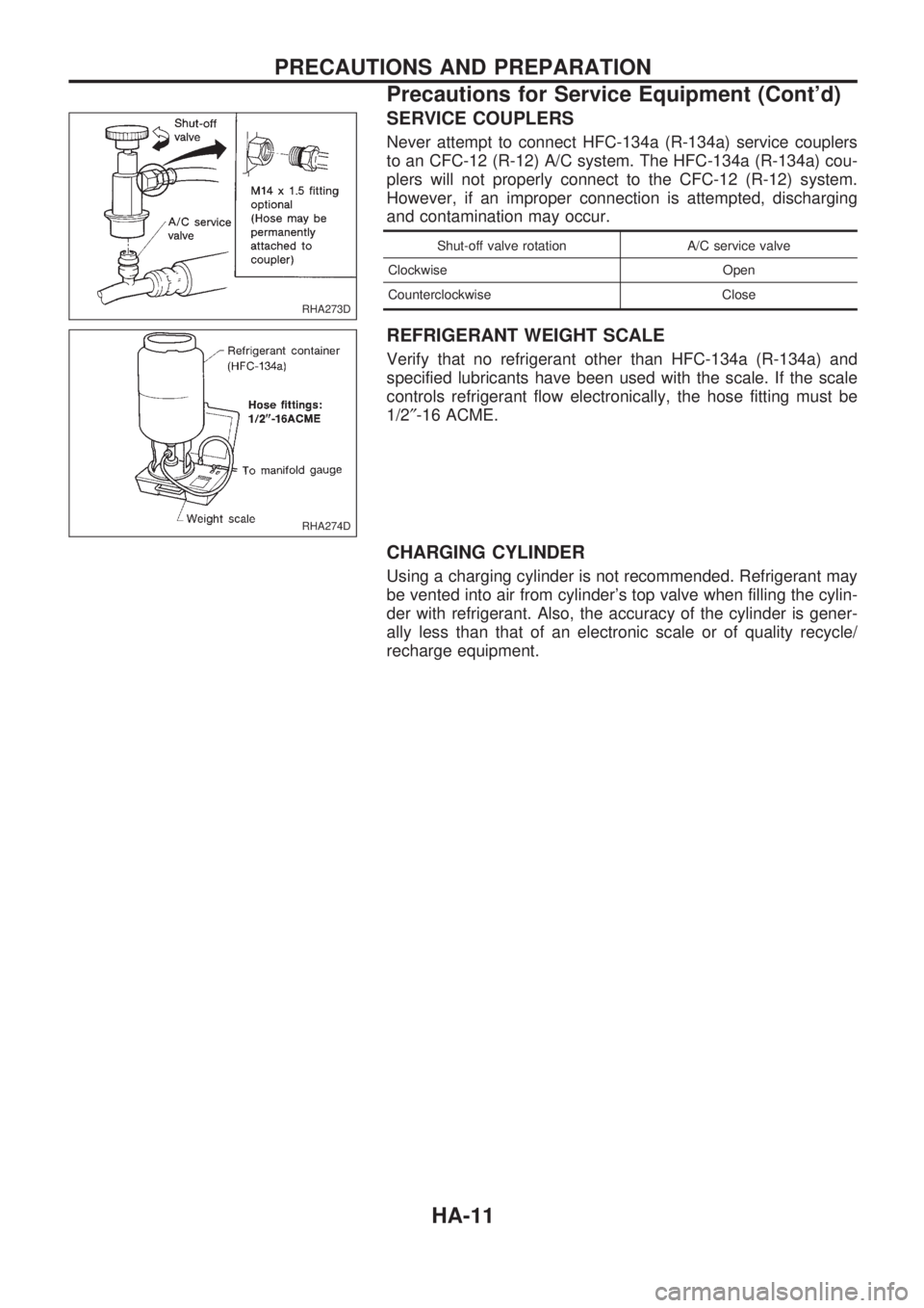 NISSAN PICK-UP 1998 Repair Manual SERVICE COUPLERS
Never attempt to connect HFC-134a (R-134a) service couplers
to an CFC-12 (R-12) A/C system. The HFC-134a (R-134a) cou-
plers will not properly connect to the CFC-12 (R-12) system.
How NISSAN PICK-UP 1998 Repair Manual SERVICE COUPLERS
Never attempt to connect HFC-134a (R-134a) service couplers
to an CFC-12 (R-12) A/C system. The HFC-134a (R-134a) cou-
plers will not properly connect to the CFC-12 (R-12) system.
How