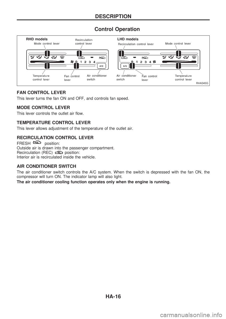 NISSAN PICK-UP 1998 Repair Manual Control Operation
FAN CONTROL LEVER
This lever turns the fan ON and OFF, and controls fan speed.
MODE CONTROL LEVER
This lever controls the outlet air flow.
TEMPERATURE CONTROL LEVER
This lever allows NISSAN PICK-UP 1998 Repair Manual Control Operation
FAN CONTROL LEVER
This lever turns the fan ON and OFF, and controls fan speed.
MODE CONTROL LEVER
This lever controls the outlet air flow.
TEMPERATURE CONTROL LEVER
This lever allows