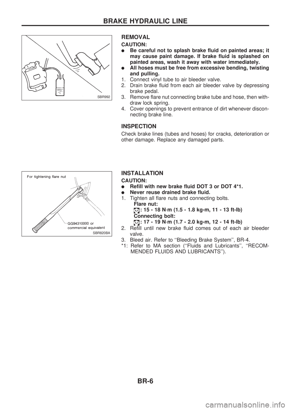 NISSAN PICK-UP 1998  Repair Manual REMOVAL
CAUTION:
lBe careful not to splash brake fluid on painted areas; it
may cause paint damage. If brake fluid is splashed on
painted areas, wash it away with water immediately.
lAll hoses must be