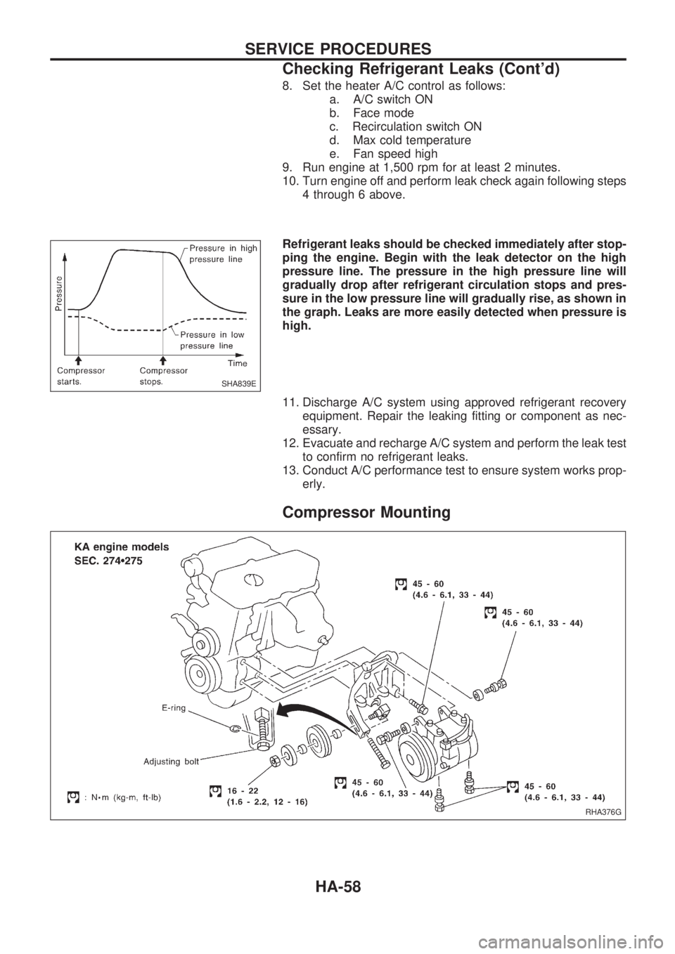 NISSAN PICK-UP 1998 Repair Manual 8. Set the heater A/C control as follows:
a. A/C switch ON
b. Face mode
c. Recirculation switch ON
d. Max cold temperature
e. Fan speed high
9. Run engine at 1,500 rpm for at least 2 minutes.
10. Turn NISSAN PICK-UP 1998 Repair Manual 8. Set the heater A/C control as follows:
a. A/C switch ON
b. Face mode
c. Recirculation switch ON
d. Max cold temperature
e. Fan speed high
9. Run engine at 1,500 rpm for at least 2 minutes.
10. Turn