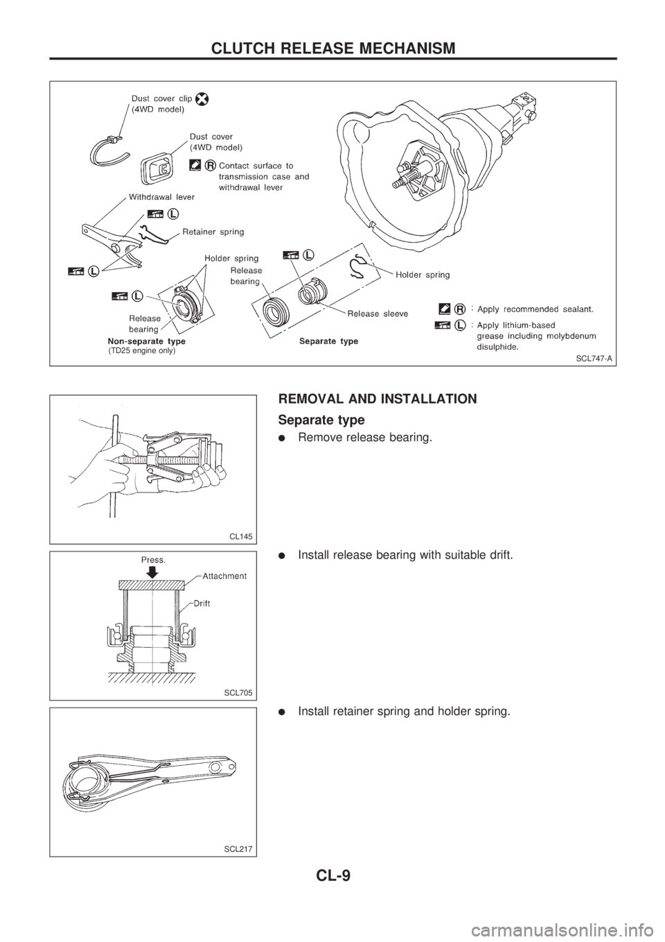 NISSAN PICK-UP 1998 Owners Manual REMOVAL AND INSTALLATION
Separate type
lRemove release bearing.
lInstall release bearing with suitable drift.
lInstall retainer spring and holder spring.
SCL747-A
.(TD25 engine only)
CL145
SCL705
SCL2