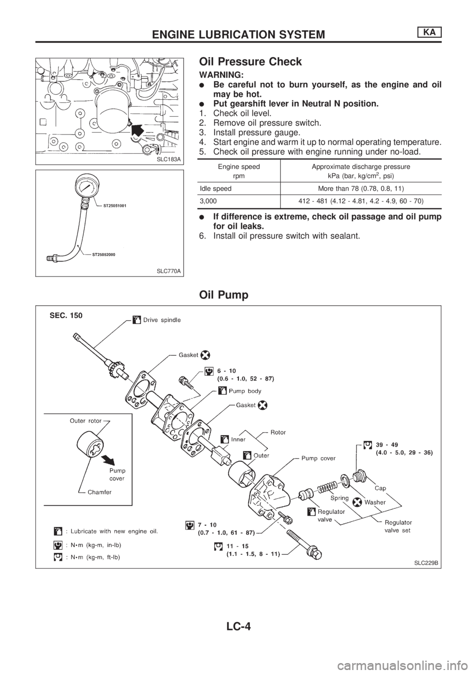 NISSAN PICK-UP 1998 Repair Manual Oil Pressure Check
WARNING:
lBe careful not to burn yourself, as the engine and oil
may be hot.
lPut gearshift lever in Neutral N position.
1. Check oil level.
2. Remove oil pressure switch.
3. Instal NISSAN PICK-UP 1998 Repair Manual Oil Pressure Check
WARNING:
lBe careful not to burn yourself, as the engine and oil
may be hot.
lPut gearshift lever in Neutral N position.
1. Check oil level.
2. Remove oil pressure switch.
3. Instal