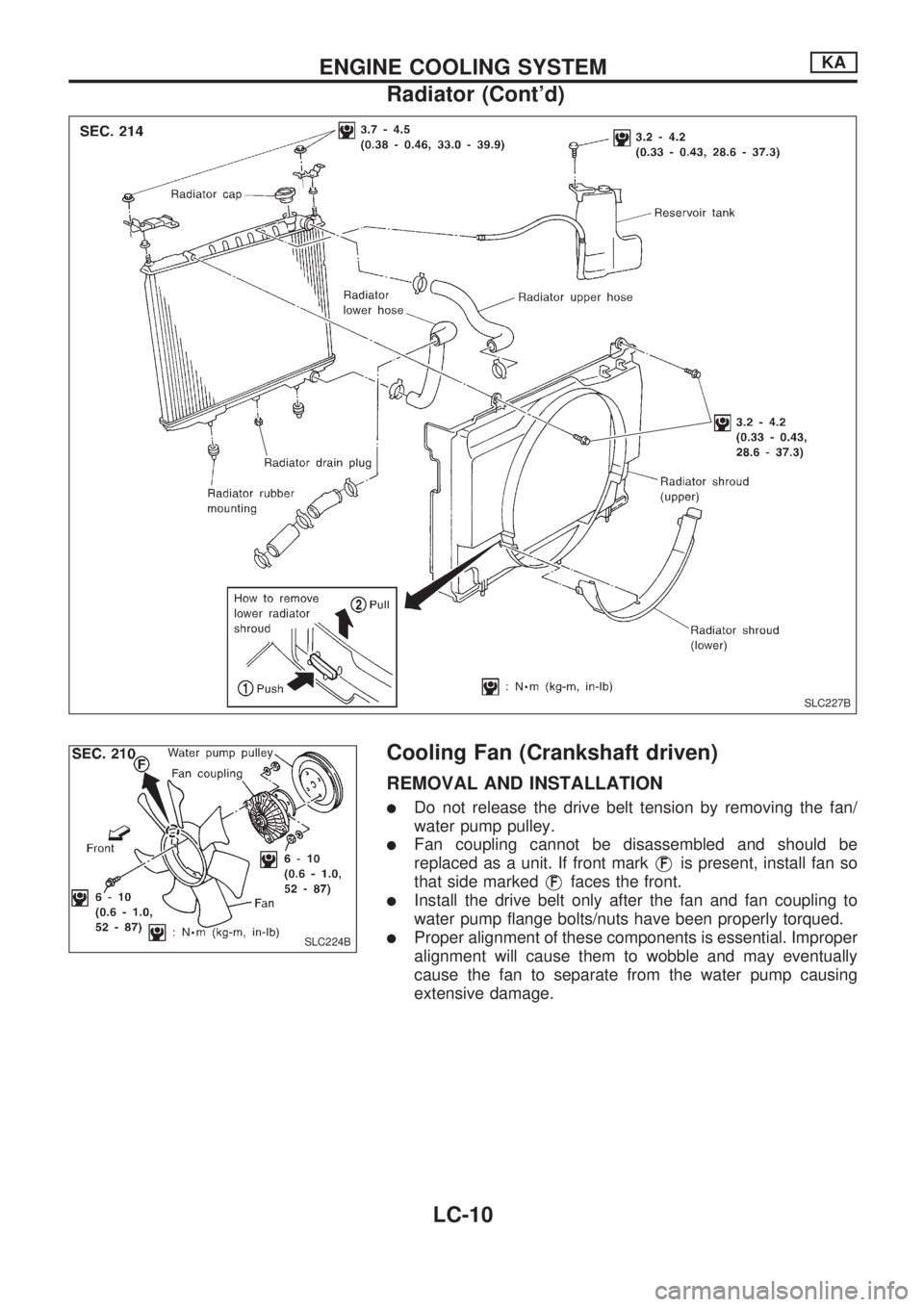 NISSAN PICK-UP 1998 Repair Manual Cooling Fan (Crankshaft driven)
REMOVAL AND INSTALLATION
lDo not release the drive belt tension by removing the fan/
water pump pulley.
lFan coupling cannot be disassembled and should be
replaced as a NISSAN PICK-UP 1998 Repair Manual Cooling Fan (Crankshaft driven)
REMOVAL AND INSTALLATION
lDo not release the drive belt tension by removing the fan/
water pump pulley.
lFan coupling cannot be disassembled and should be
replaced as a