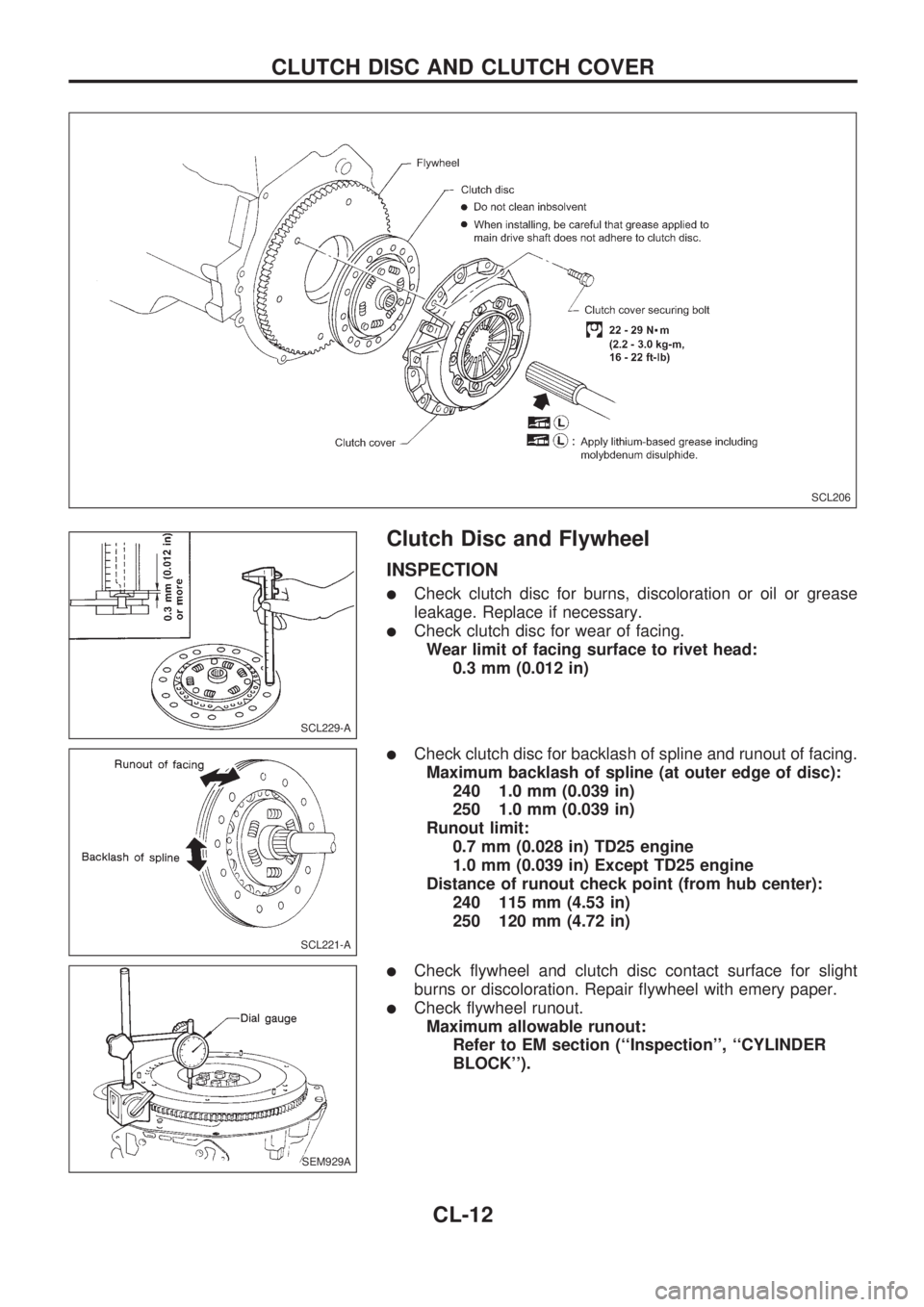 NISSAN PICK-UP 1998 Owners Manual Clutch Disc and Flywheel
INSPECTION
lCheck clutch disc for burns, discoloration or oil or grease
leakage. Replace if necessary.
lCheck clutch disc for wear of facing.
Wear limit of facing surface to r