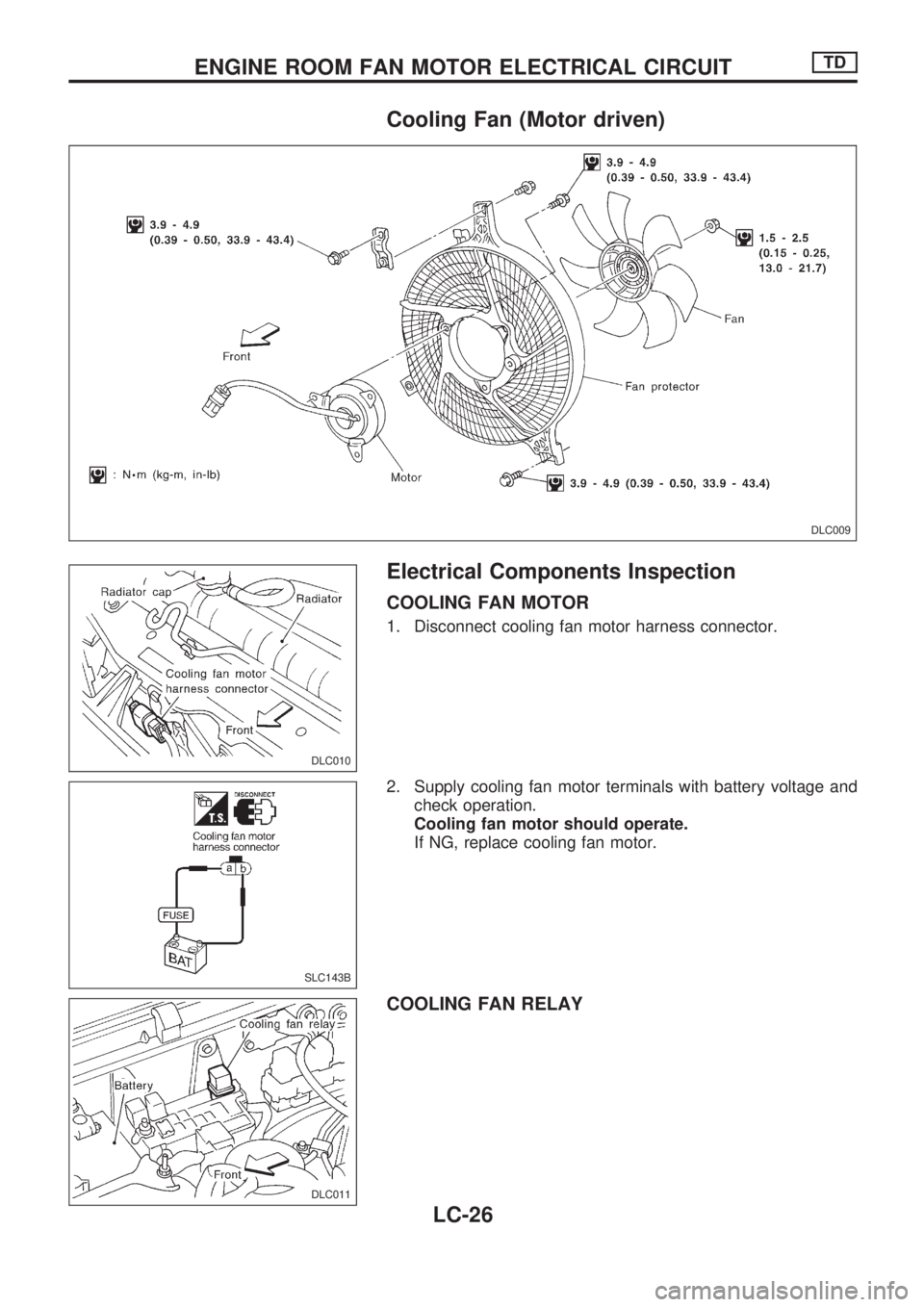NISSAN PICK-UP 1998  Repair Manual Cooling Fan (Motor driven)
Electrical Components Inspection
COOLING FAN MOTOR
1. Disconnect cooling fan motor harness connector.
2. Supply cooling fan motor terminals with battery voltage and
check op