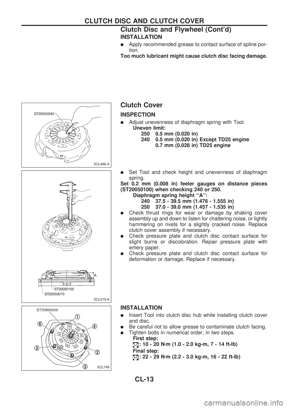 NISSAN PICK-UP 1998 Owners Manual INSTALLATION
lApply recommended grease to contact surface of spline por-
tion.
Too much lubricant might cause clutch disc facing damage.
Clutch Cover
INSPECTION
lAdjust unevenness of diaphragm spring 