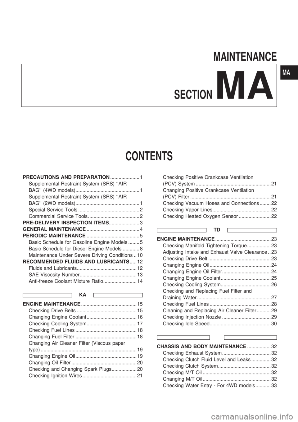 NISSAN PICK-UP 1998 Repair Manual MAINTENANCE
SECTION
MA
CONTENTS
PRECAUTIONS AND PREPARATION..................... 1
Supplemental Restraint System (SRS) ``AIR
BAG (4WD models).............................................. 1
Suppleme NISSAN PICK-UP 1998 Repair Manual MAINTENANCE
SECTION
MA
CONTENTS
PRECAUTIONS AND PREPARATION..................... 1
Supplemental Restraint System (SRS) ``AIR
BAG (4WD models).............................................. 1
Suppleme