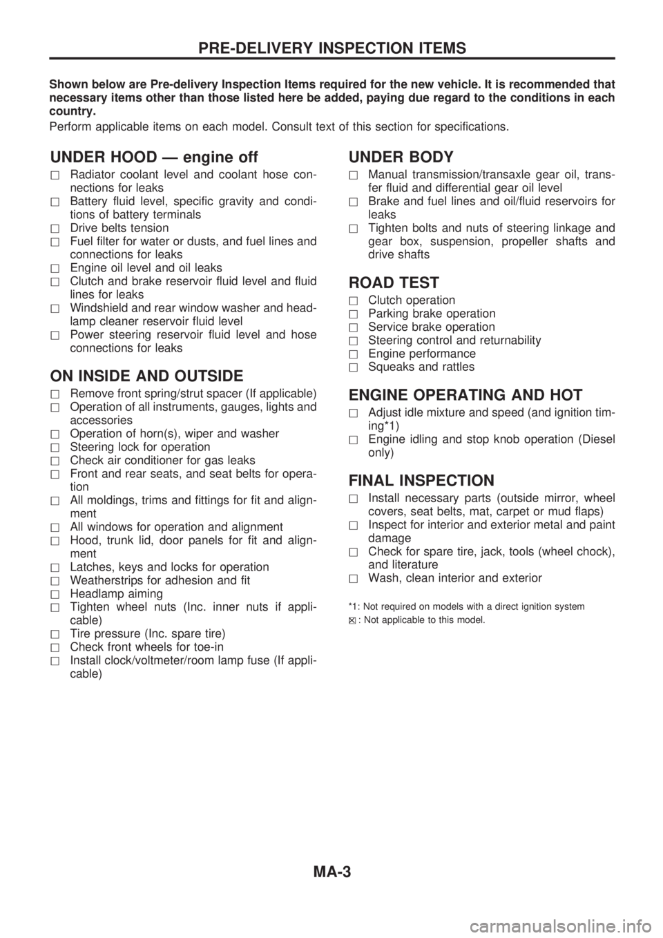 NISSAN PICK-UP 1998 Repair Manual Shown below are Pre-delivery Inspection Items required for the new vehicle. It is recommended that
necessary items other than those listed here be added, paying due regard to the conditions in each
co NISSAN PICK-UP 1998 Repair Manual Shown below are Pre-delivery Inspection Items required for the new vehicle. It is recommended that
necessary items other than those listed here be added, paying due regard to the conditions in each
co