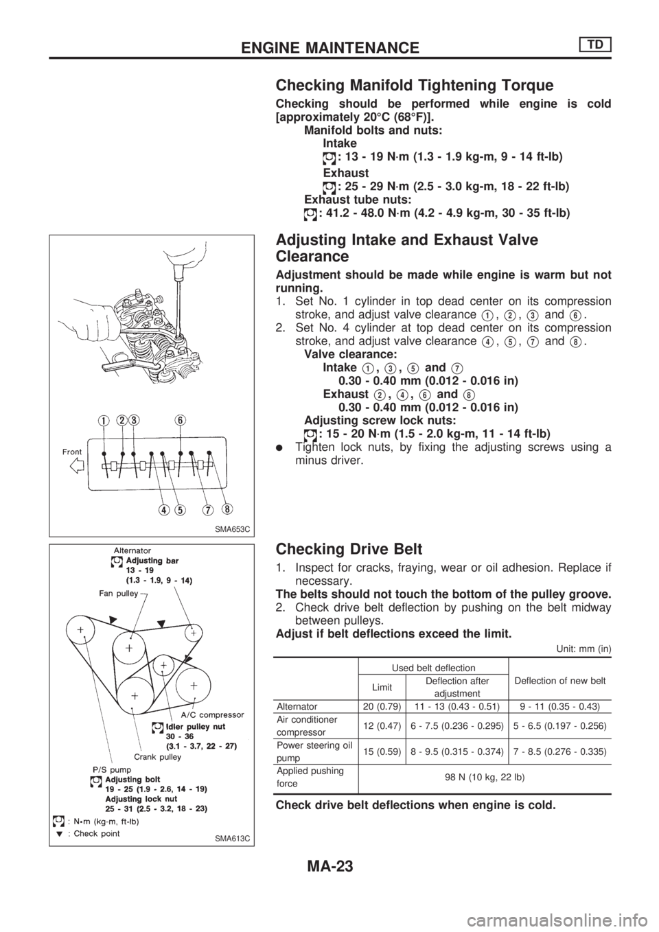 NISSAN PICK-UP 1998  Repair Manual Checking Manifold Tightening Torque
Checking should be performed while engine is cold
[approximately 20ÉC (68ÉF)].
Manifold bolts and nuts:
Intake
: 13 - 19 N´m (1.3 - 1.9 kg-m,9-14ft-lb)
Exhaust
:
