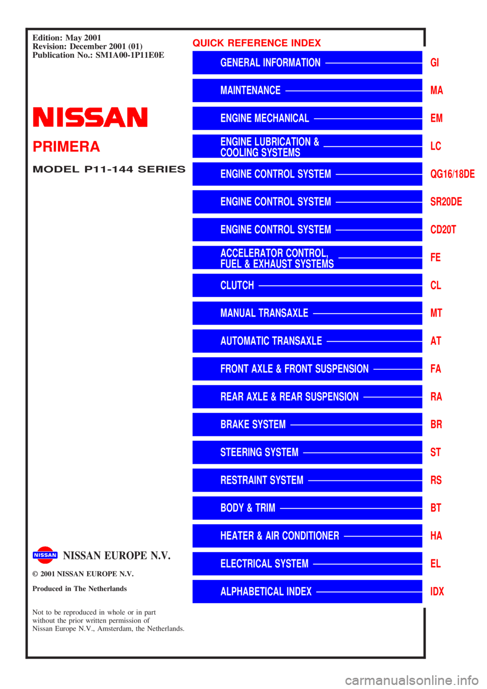 NISSAN PRIMERA 1999  Electronic Repair Manual Edition:May 2001
GENERA LINFORMATIONGI
MAINTENANCEMA
ENGIN EMECHANICALEM
ENGIN ELUBRICATIO N&LC
ENGIN ECONTRO LSYSTEMQG16/18DE
ENGIN ECONTRO LSYSTEMSR20DE
ENGIN ECONTRO LSYSTEMCD20T
ACCELERATO RCONTRO