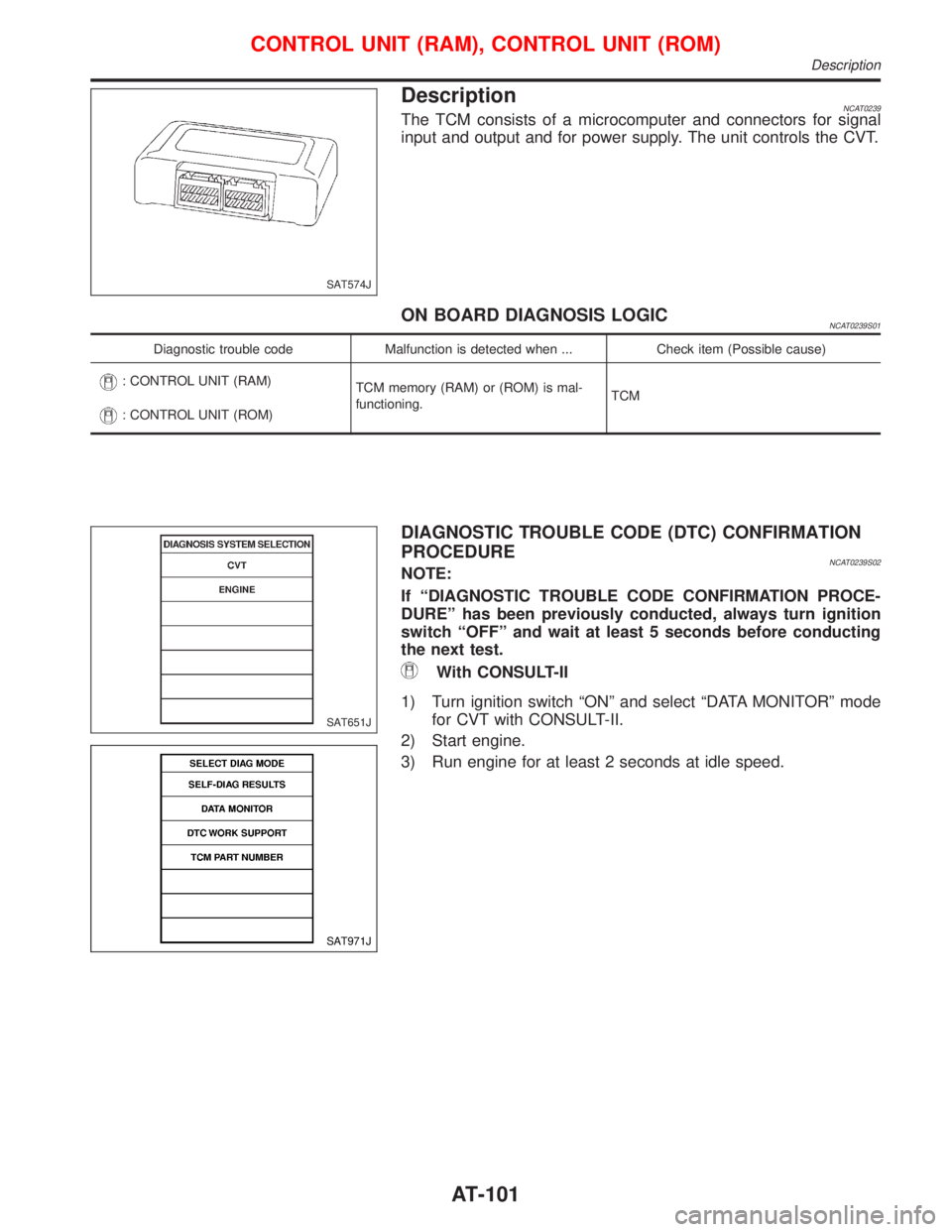 NISSAN PRIMERA 1999 Electronic Repair Manual DescriptionNCAT0239The TCM consists of a microcomputer and connectors for signal
input and output and for power supply. The unit controls the CVT.
ON BOARD DIAGNOSIS LOGICNCAT0239S01
Diagnostic troubl NISSAN PRIMERA 1999 Electronic Repair Manual DescriptionNCAT0239The TCM consists of a microcomputer and connectors for signal
input and output and for power supply. The unit controls the CVT.
ON BOARD DIAGNOSIS LOGICNCAT0239S01
Diagnostic troubl