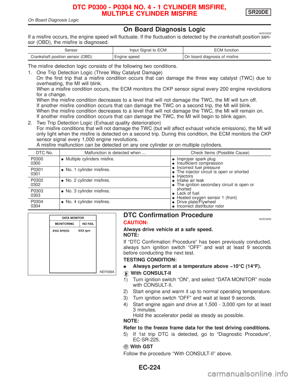 NISSAN PRIMERA 1999  Electronic Repair Manual On Board Diagnosis LogicNCEC0202If a misfire occurs, the engine speed will fluctuate. If the fluctuation is detected by the crankshaft position sen-
sor (OBD), the misfire is diagnosed.
Sensor Input S