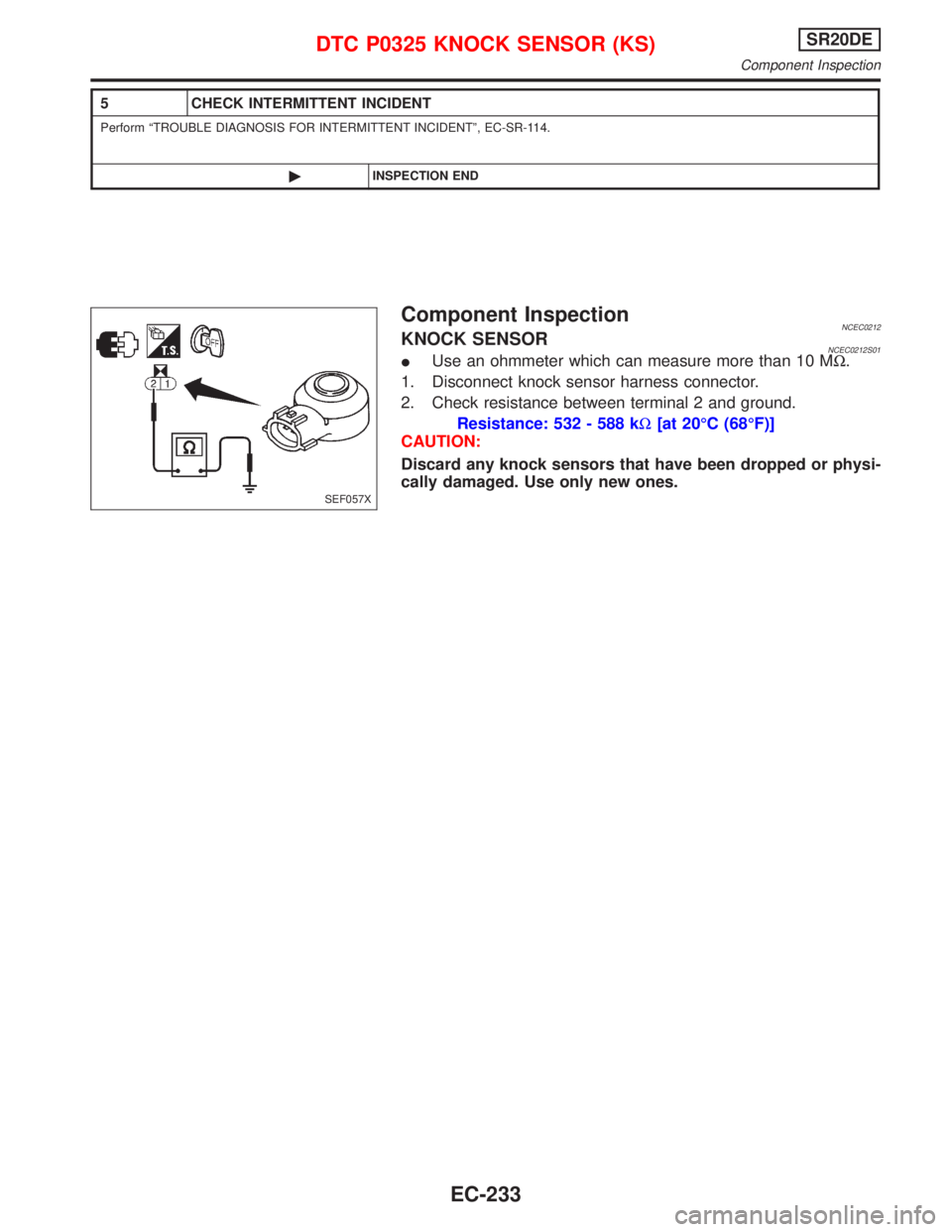 NISSAN PRIMERA 1999  Electronic Repair Manual Component InspectionNCEC0212KNOCK SENSORNCEC0212S01IUse an ohmmeter which can measure more than 10 MW.
1. Disconnect knock sensor harness connector.
2. Check resistance between terminal 2 and ground.
