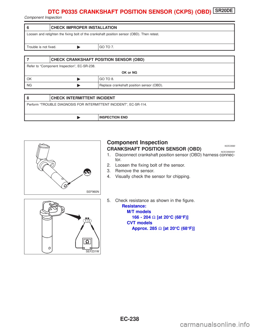 NISSAN PRIMERA 1999  Electronic Repair Manual Component InspectionNCEC0583CRANKSHAFT POSITION SENSOR (OBD)NCEC0583S011. Disconnect crankshaft position sensor (OBD) harness connec-
tor.
2. Loosen the fixing bolt of the sensor.
3. Remove the sensor