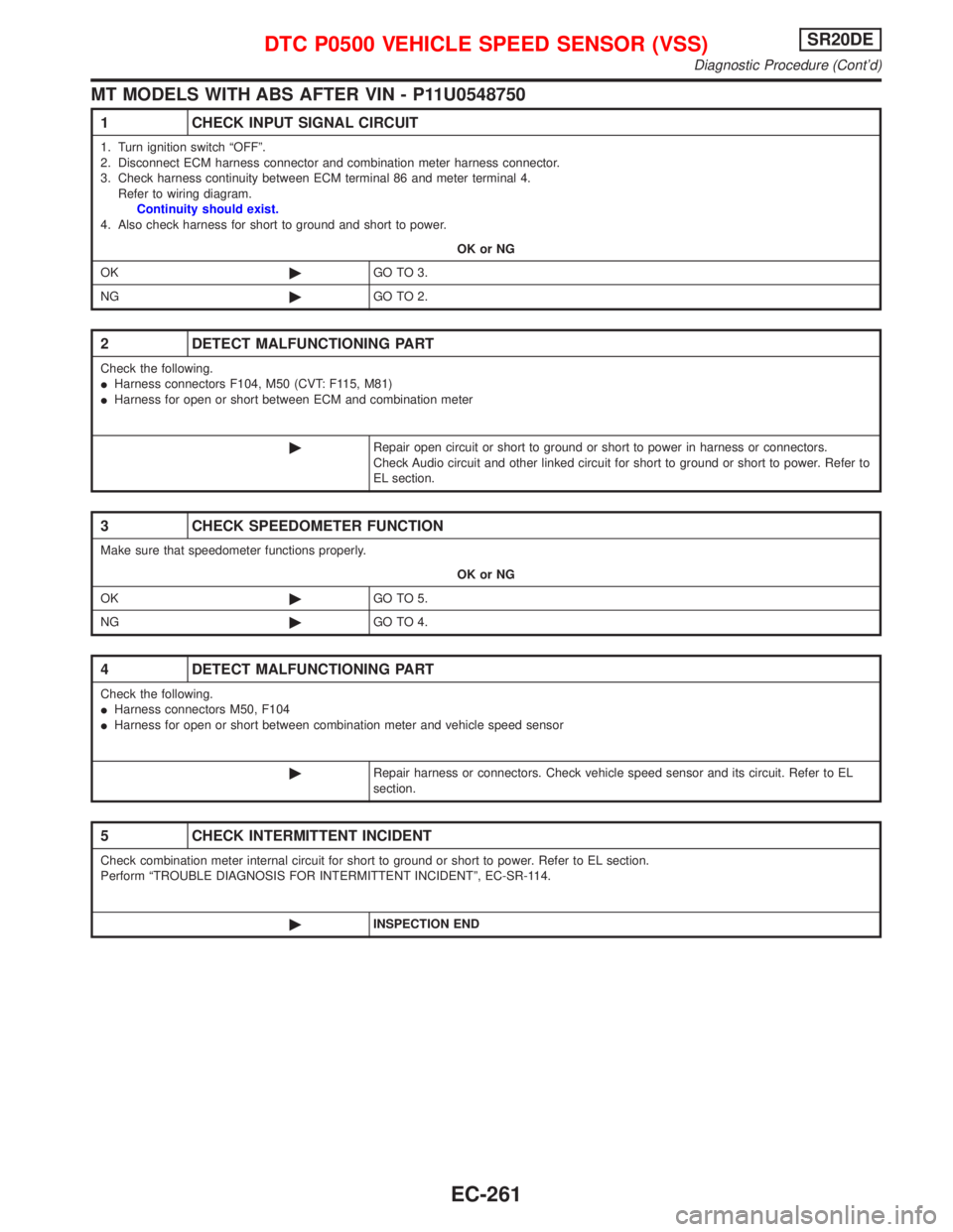 NISSAN PRIMERA 1999 Electronic Repair Manual MT MODELS WITH ABS AFTER VIN - P11U0548750
1 CHECK INPUT SIGNAL CIRCUIT
1. Turn ignition switch ªOFFº.
2. Disconnect ECM harness connector and combination meter harness connector.
3. Check harness c NISSAN PRIMERA 1999 Electronic Repair Manual MT MODELS WITH ABS AFTER VIN - P11U0548750
1 CHECK INPUT SIGNAL CIRCUIT
1. Turn ignition switch ªOFFº.
2. Disconnect ECM harness connector and combination meter harness connector.
3. Check harness c