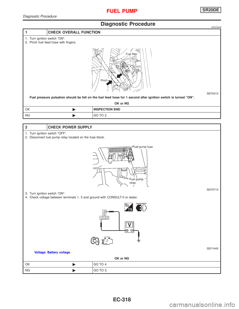 NISSAN PRIMERA 1999  Electronic Repair Manual Diagnostic ProcedureNCEC0448
1 CHECK OVERALL FUNCTION
1. Turn ignition switch ªONº.
2. Pinch fuel feed hose with fingers.
SEF241XFuel pressure pulsation should be felt on the fuel feed hose for 1 se
