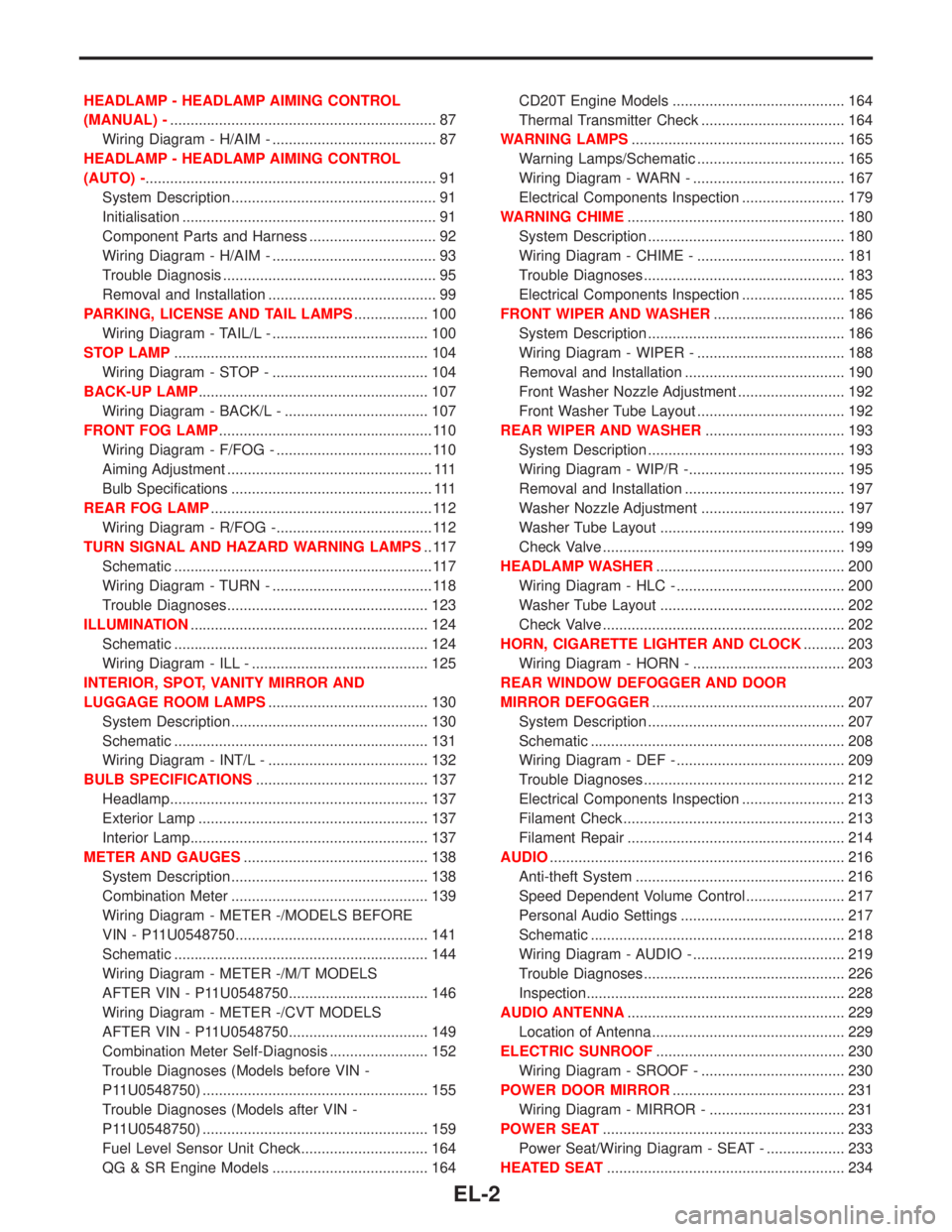 NISSAN PRIMERA 1999 Electronic Repair Manual HEADLAMP - HEADLAMP AIMING CONTROL
(MANUAL) -................................................................. 87
Wiring Diagram - H/AIM - ........................................ 87
HEADLAMP - HEADLA NISSAN PRIMERA 1999 Electronic Repair Manual HEADLAMP - HEADLAMP AIMING CONTROL
(MANUAL) -................................................................. 87
Wiring Diagram - H/AIM - ........................................ 87
HEADLAMP - HEADLA