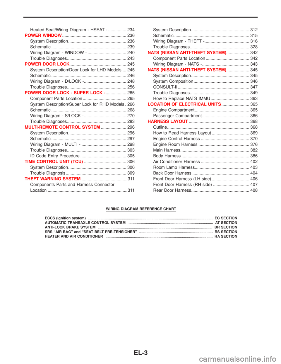 NISSAN PRIMERA 1999  Electronic Repair Manual Heated Seat/Wiring Diagram - HSEAT - ............... 234
POWER WINDOW..................................................... 236
System Description ................................................ 236
S