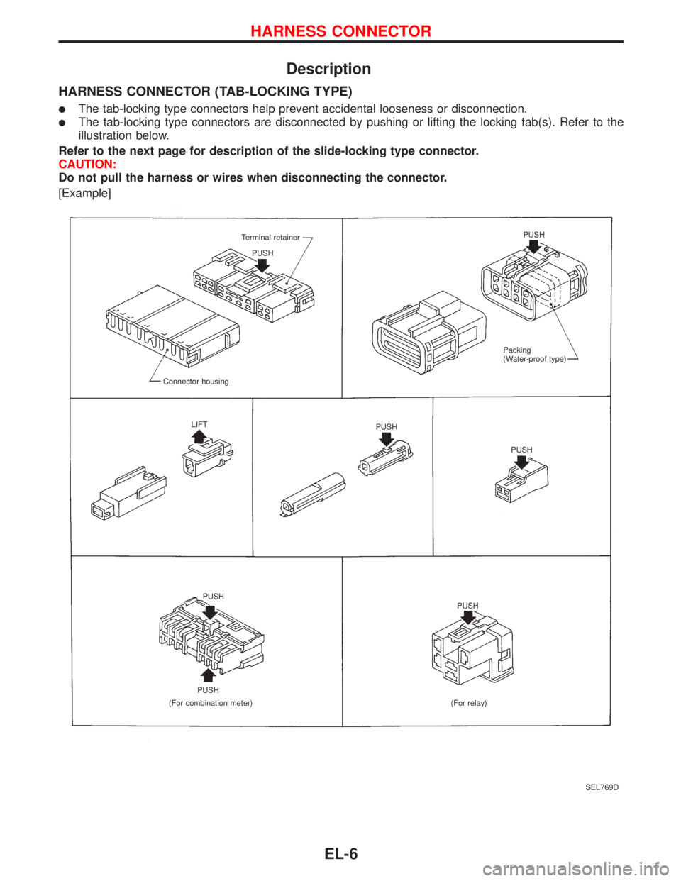 NISSAN PRIMERA 1999  Electronic Repair Manual Description
HARNESS CONNECTOR (TAB-LOCKING TYPE)
The tab-locking type connectors help prevent accidental looseness or disconnection.
The tab-locking type connectors are disconnected by pushing or li