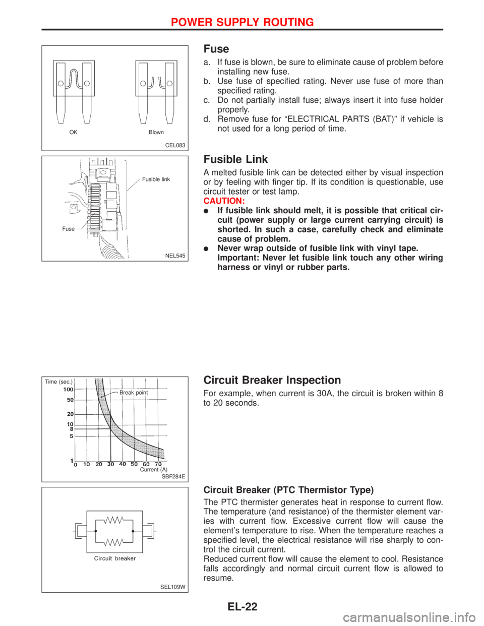 NISSAN PRIMERA 1999 Electronic Repair Manual Fuse
a. If fuse is blown, be sure to eliminate cause of problem before
installing new fuse.
b. Use fuse of specified rating. Never use fuse of more than
specified rating.
c. Do not partially install f NISSAN PRIMERA 1999 Electronic Repair Manual Fuse
a. If fuse is blown, be sure to eliminate cause of problem before
installing new fuse.
b. Use fuse of specified rating. Never use fuse of more than
specified rating.
c. Do not partially install f
